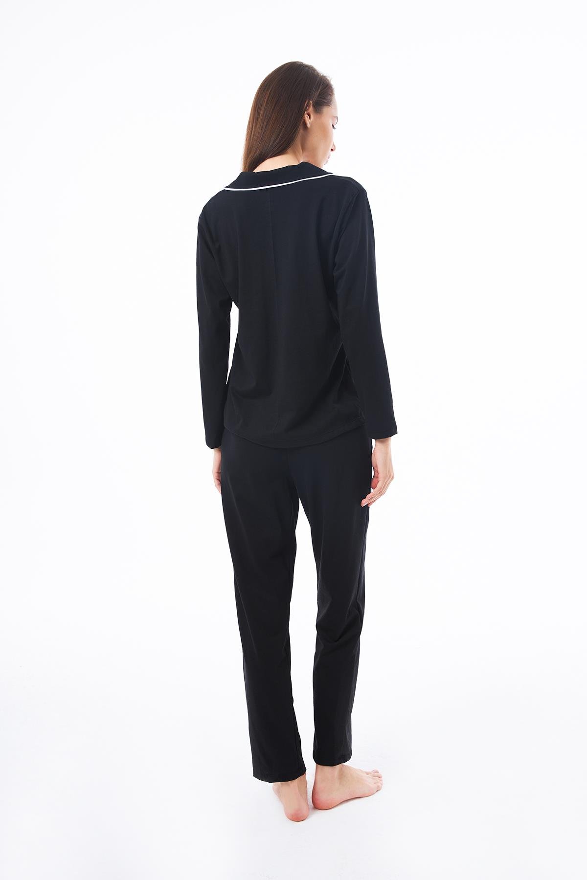 Siyah Önden Düğmeli Pamuklu Kadın Pijama Takımı 