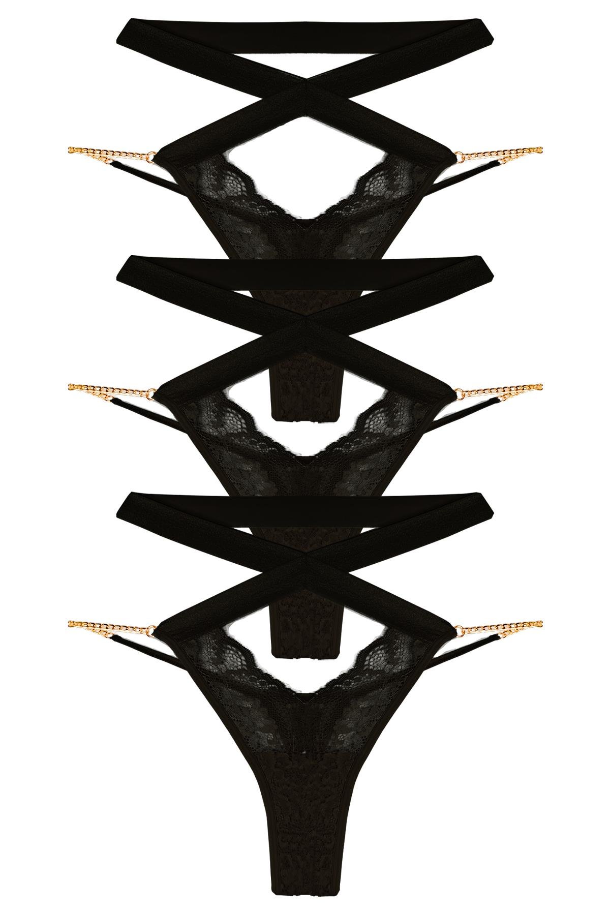 Dantelli Zincir Detaylı Kadın Tanga Külot 3lü Paket