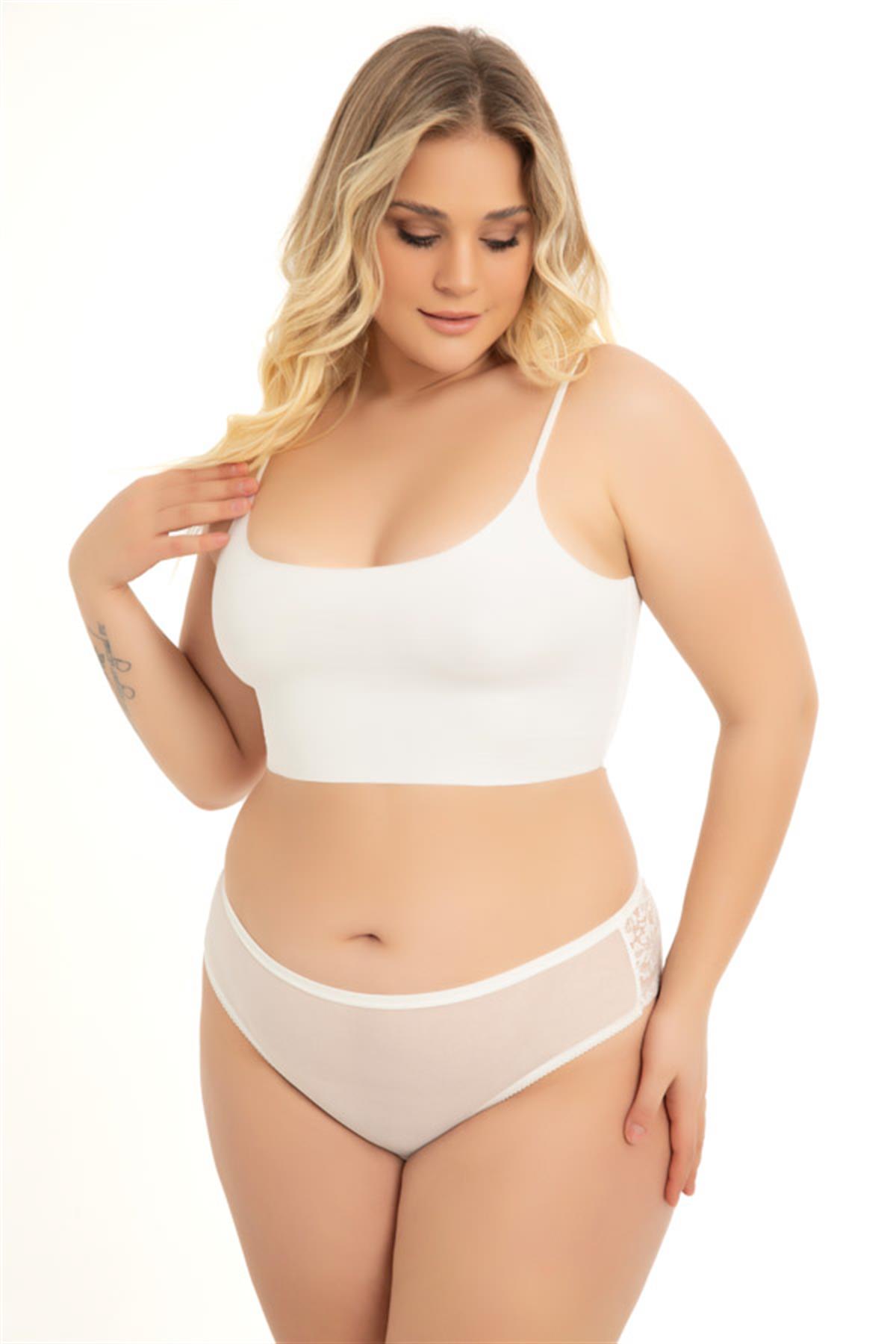 Transparan Tüllü Dantel ve Taş Detaylı Büyük Beden Kadın Tanga Külot 5li Paket