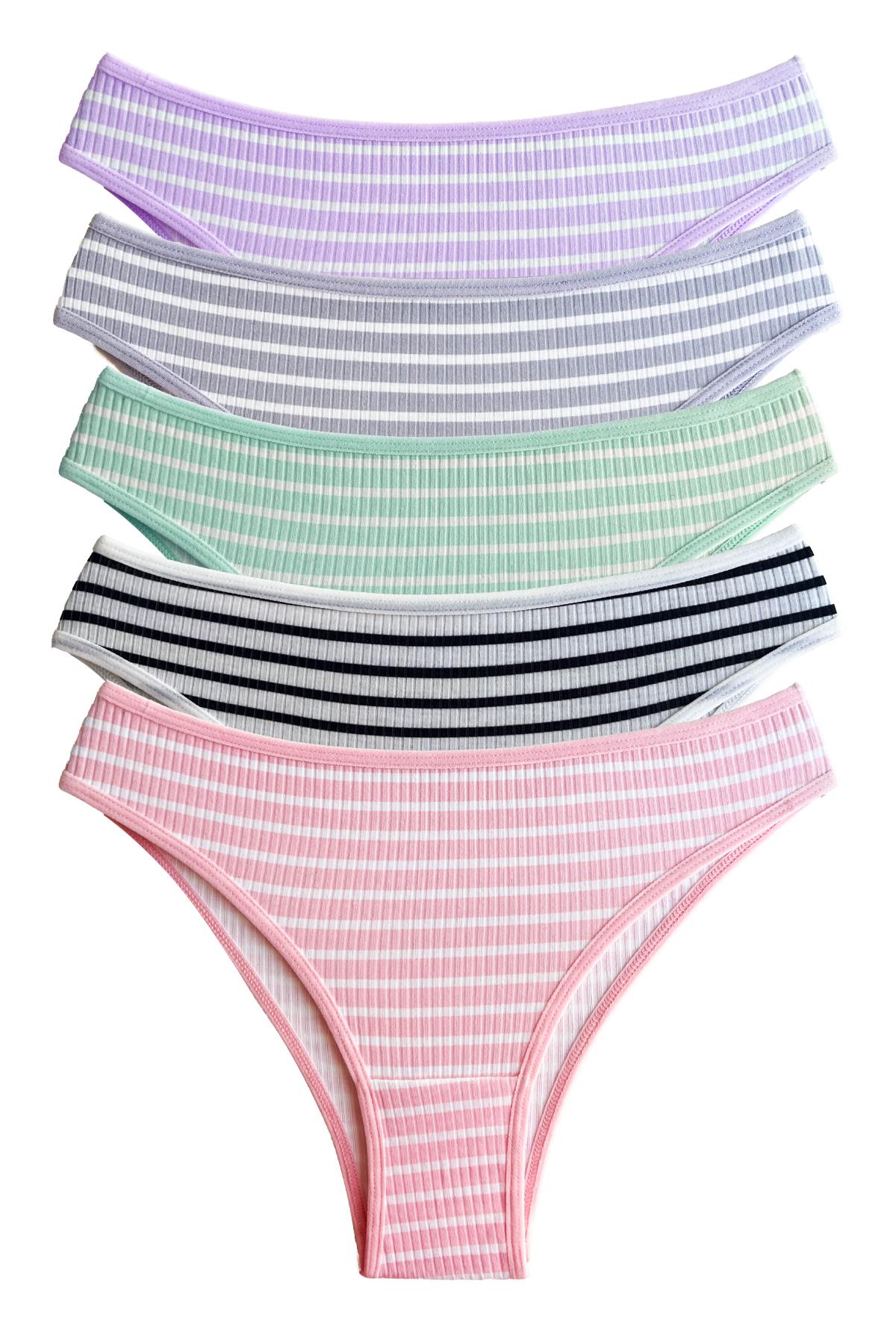 Pamuklu Çizgi Desenli Kaşkorse Kadın Brezilya Külot 5li Paket