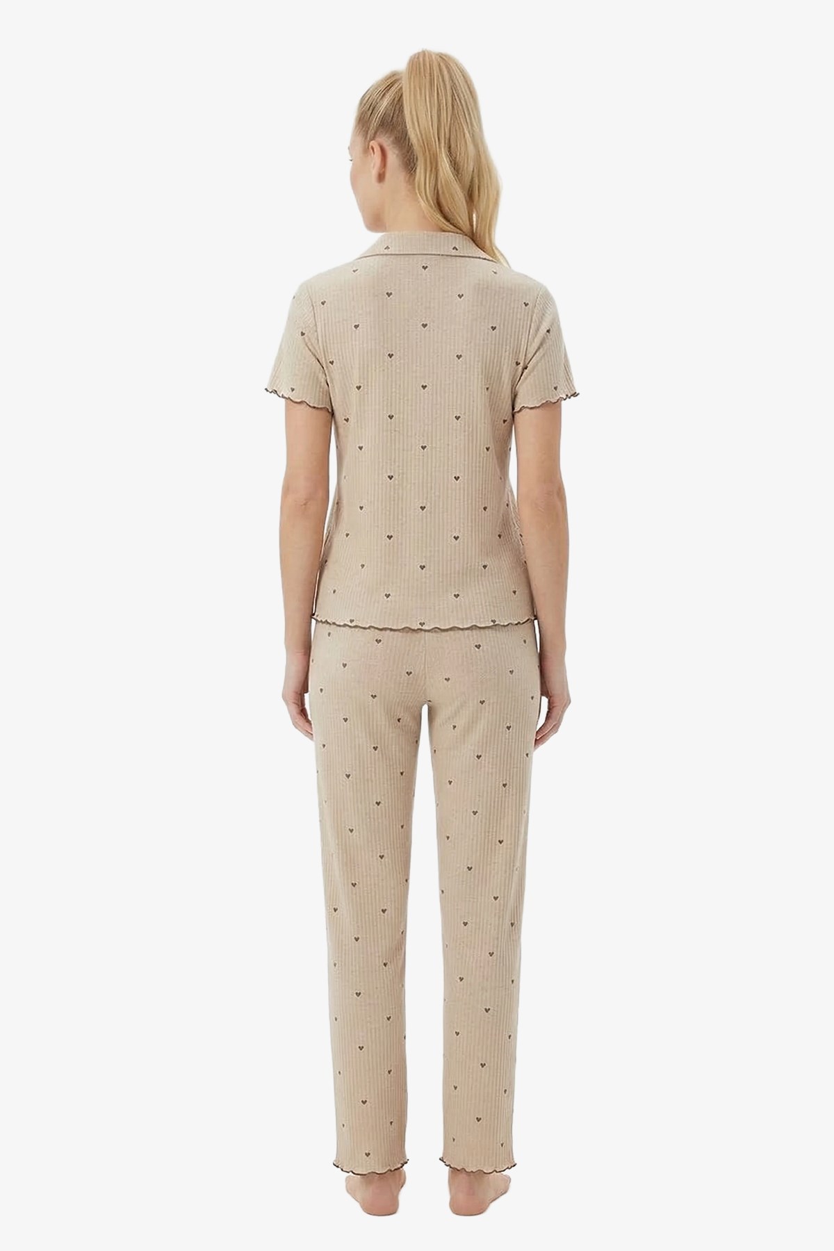 Vizon Kalp Desenli Pointel Gömlek Yaka Kadın Pijama Takımı