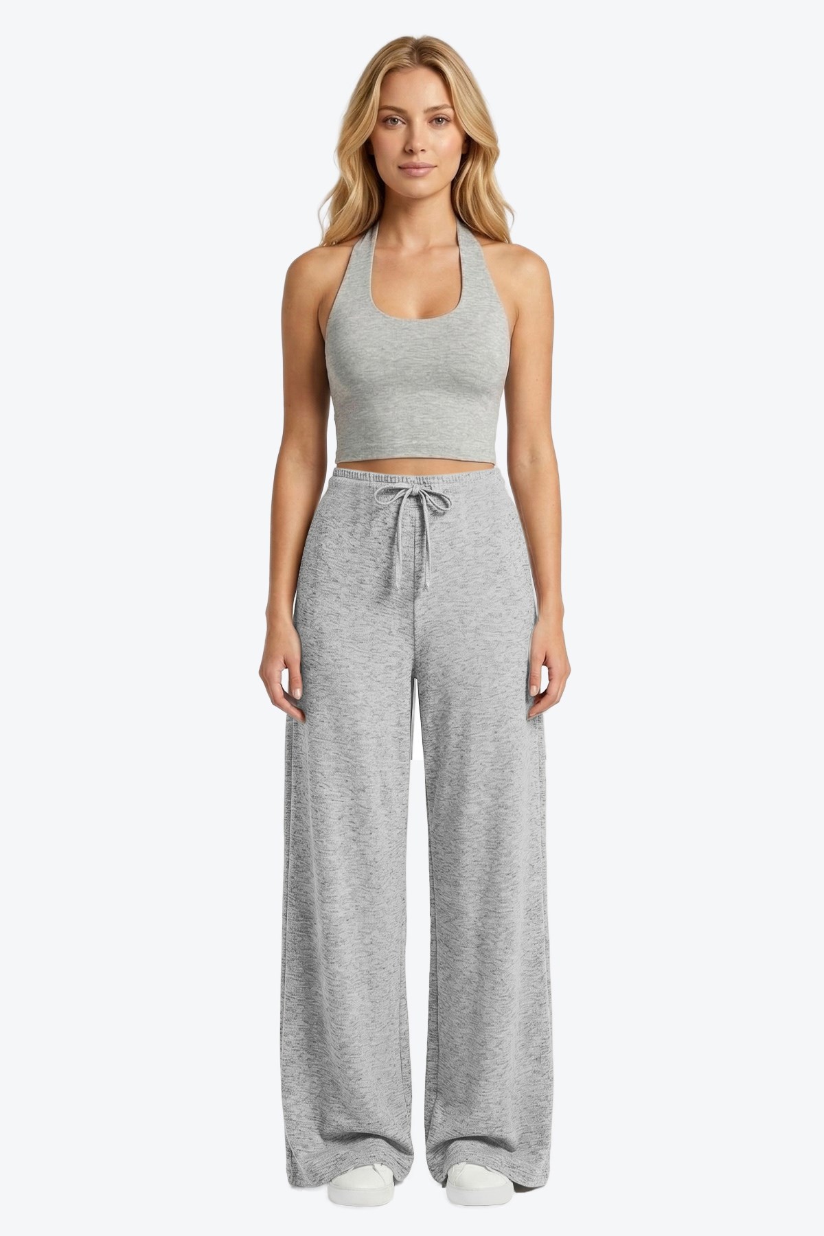 Gri Melanj Viskon Basic Yüksek Bel Bol Paça Bağcıklı Kadın Pantolon