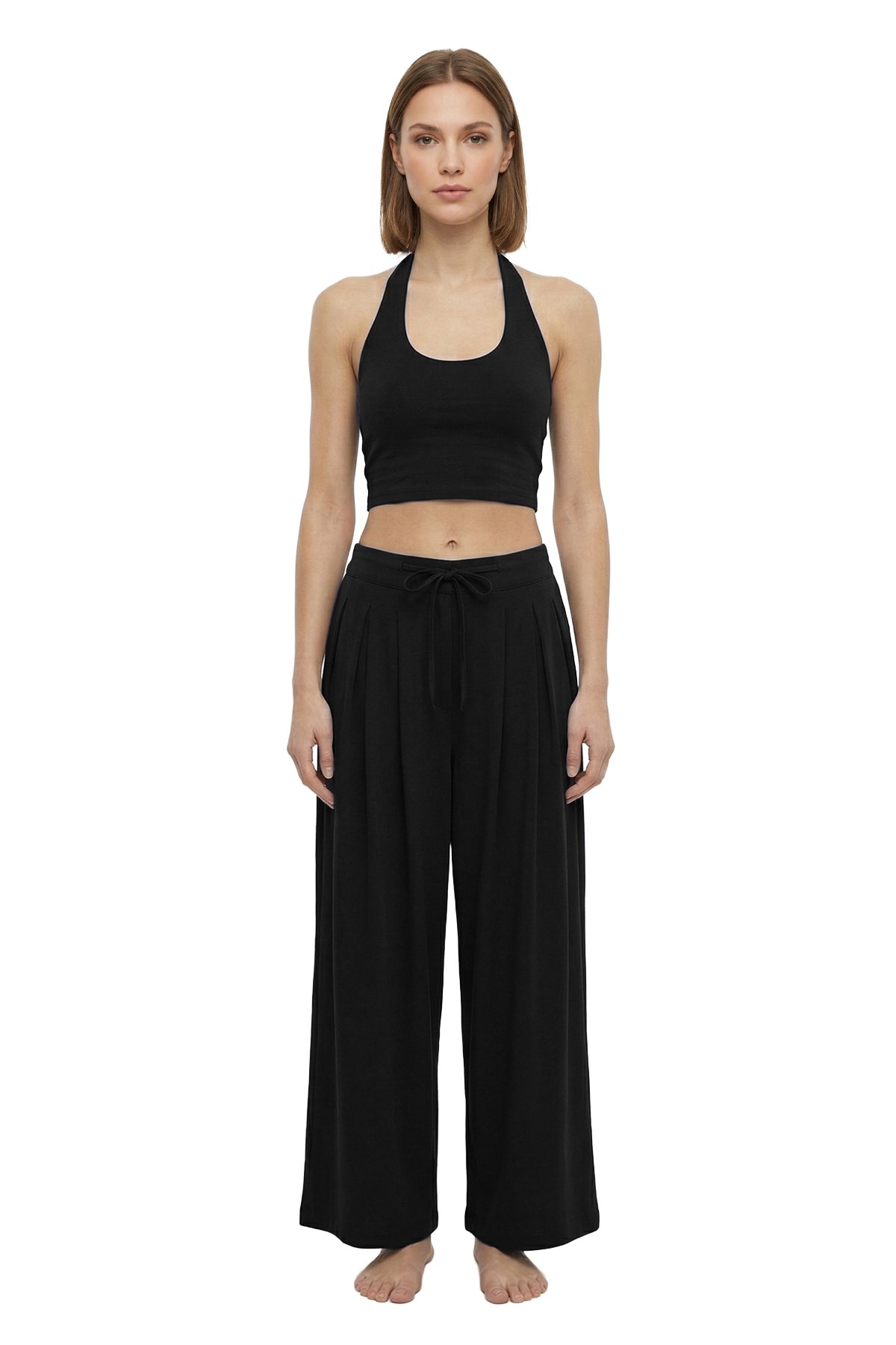 Siyah Viskon Halter Yaka Sırt Dekolteli Kadın Crop Atlet