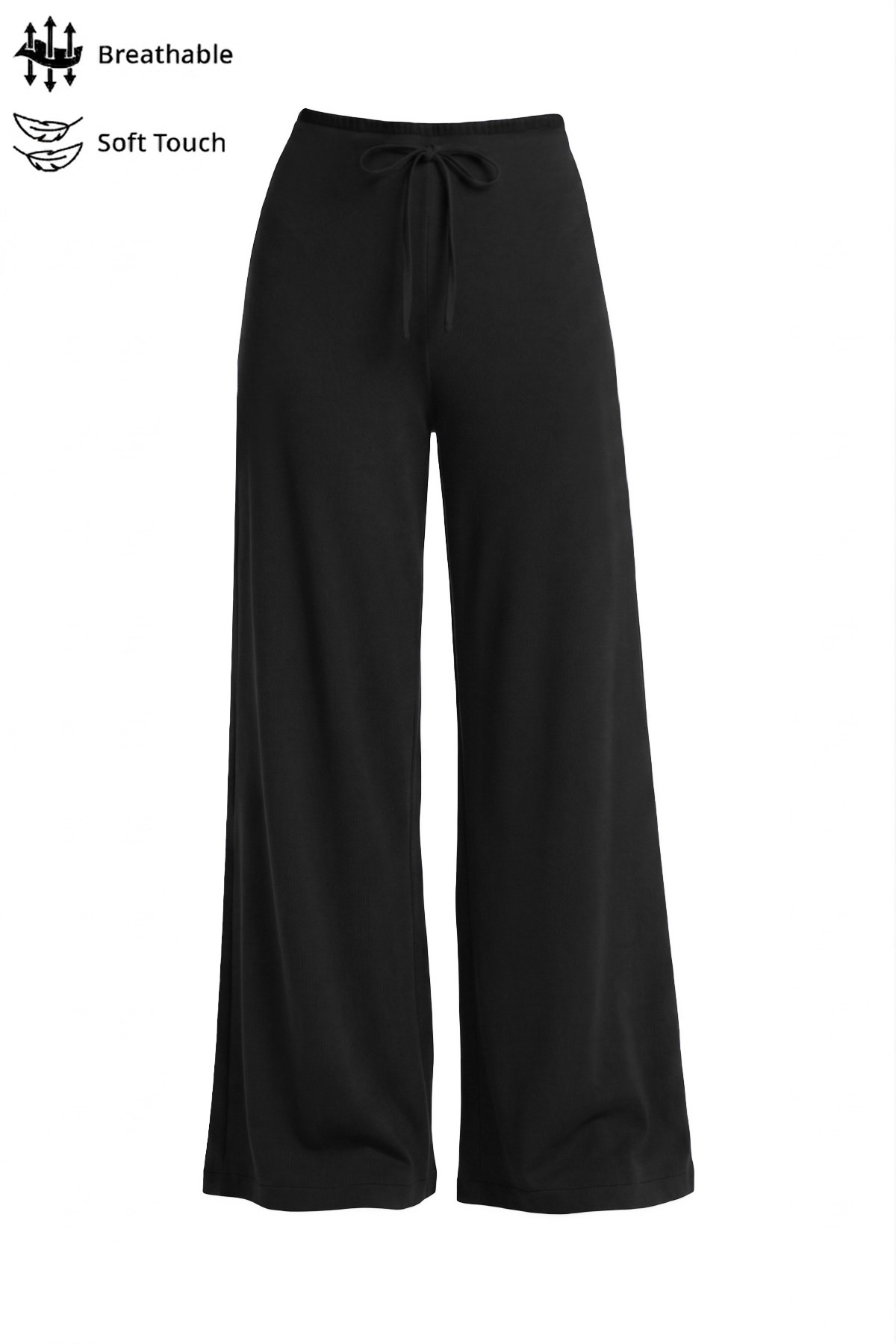 Siyah Viskon Basic Yüksek Bel Bol Paça Bağcıklı Kadın Pantolon