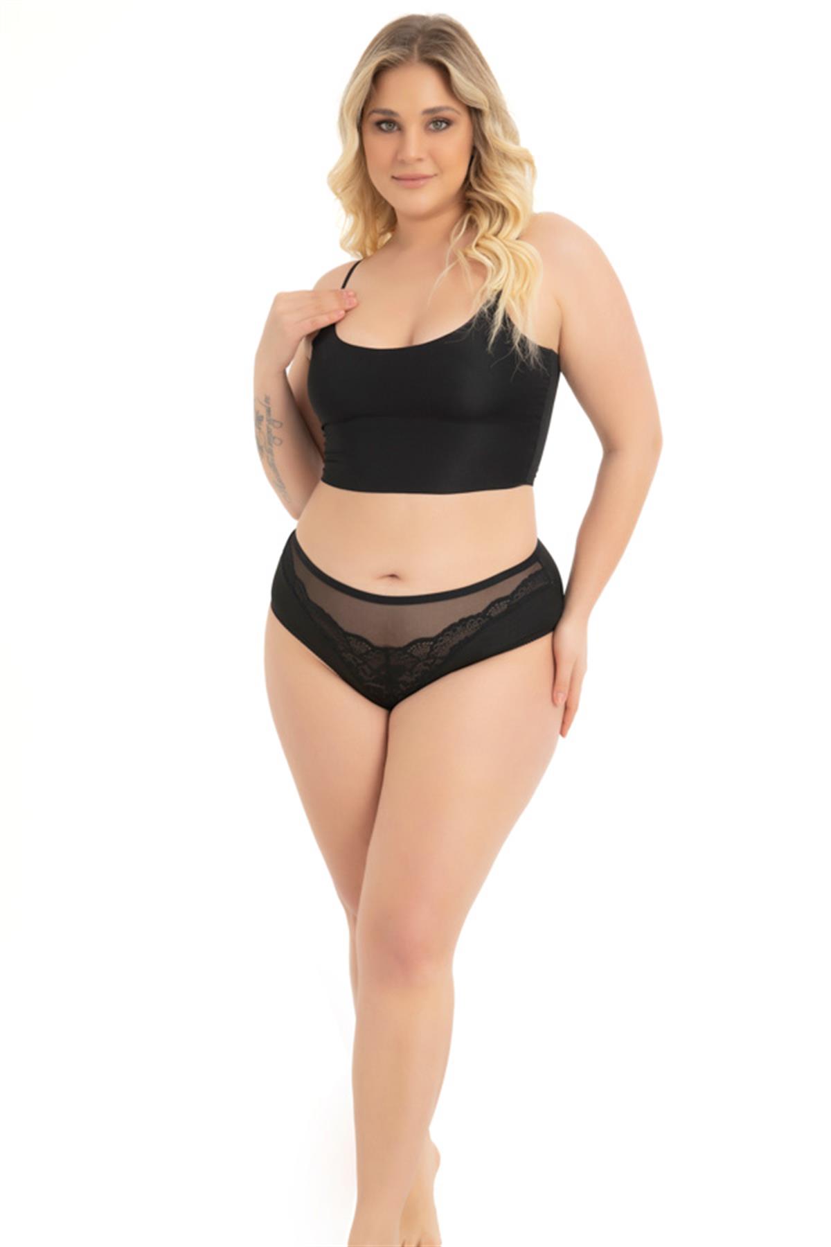 Transparan Tüllü Dantel Detaylı Beli Lastikli Büyük Beden Kadın Bikini Külot 5li Paket