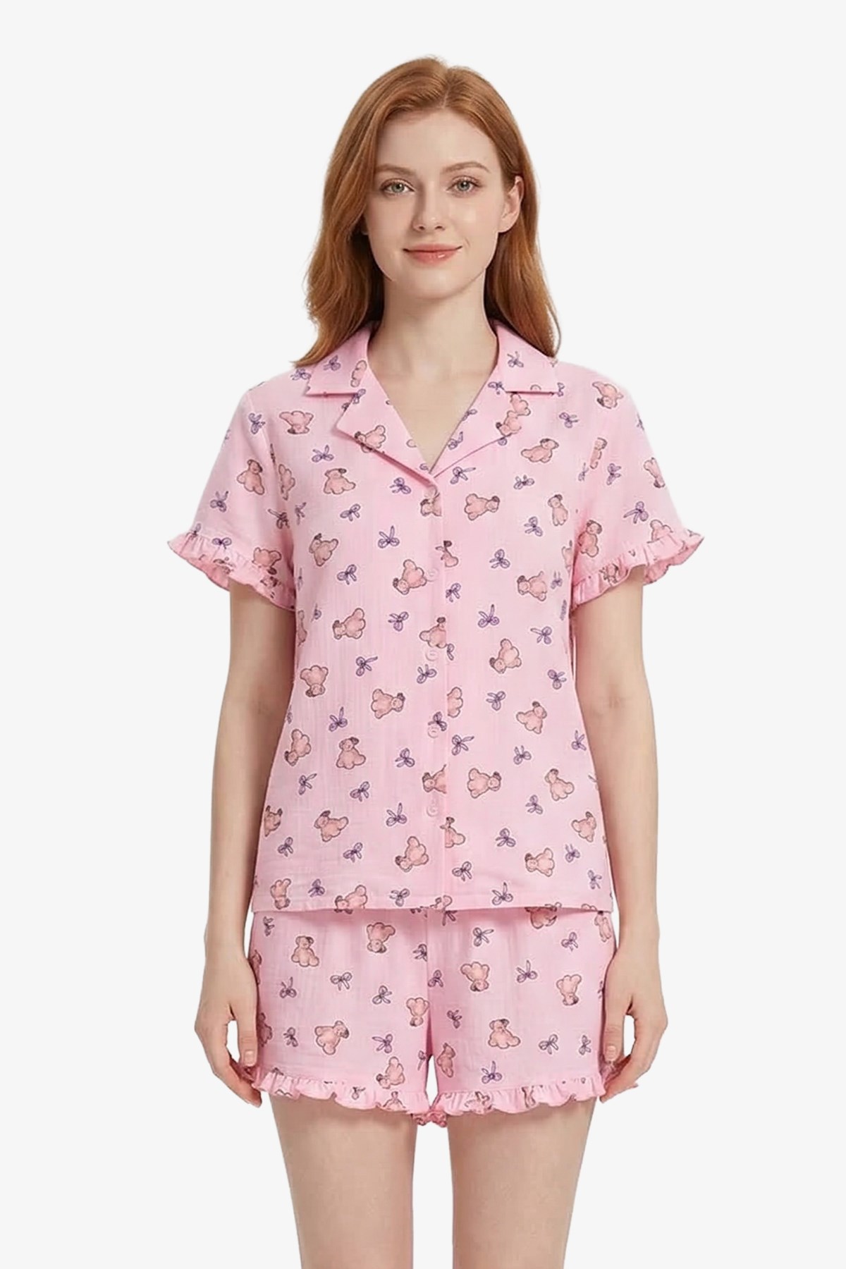 Pudra Ayıcık Desenli Bürümcük Gömlek Yaka Kadın Şortlu Pijama Takımı