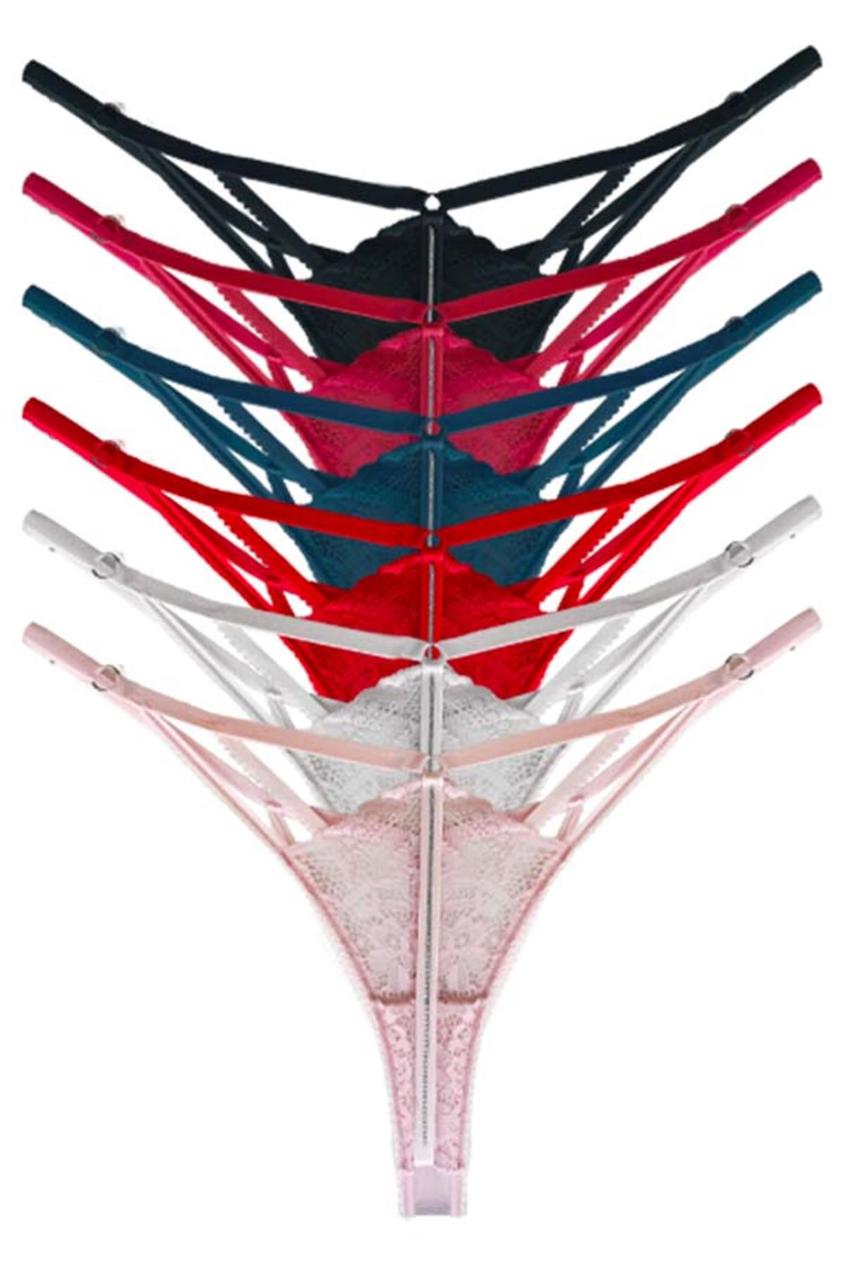 Dantelli Taş Detaylı Ayarlanabilir Lastikli Kadın Tanga Külot 6lı Paket