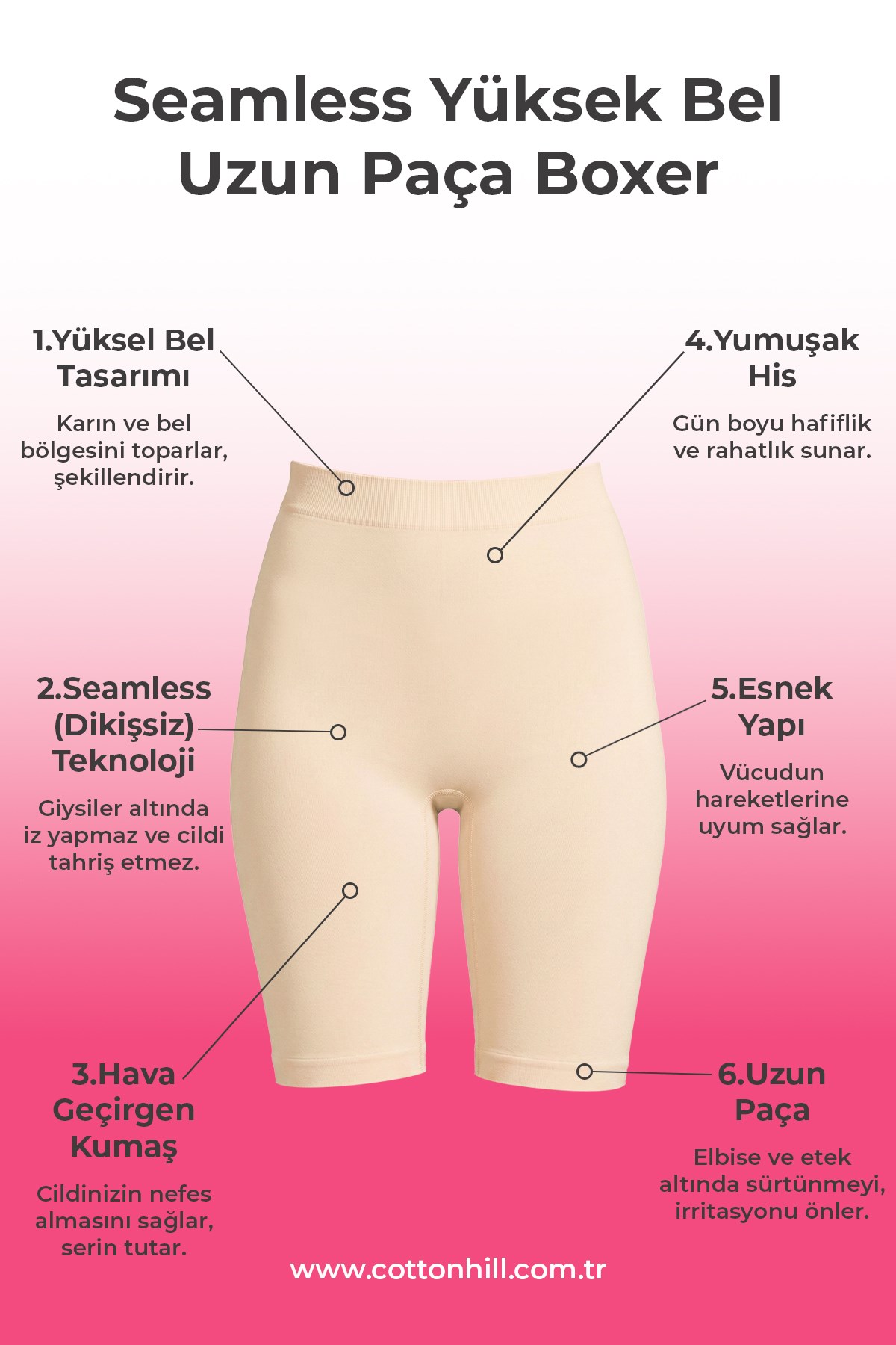 Cottonhill Premium - Kadın Ten Ultra-Rahat Seamless Yüksek Bel Uzun Paça Boxer