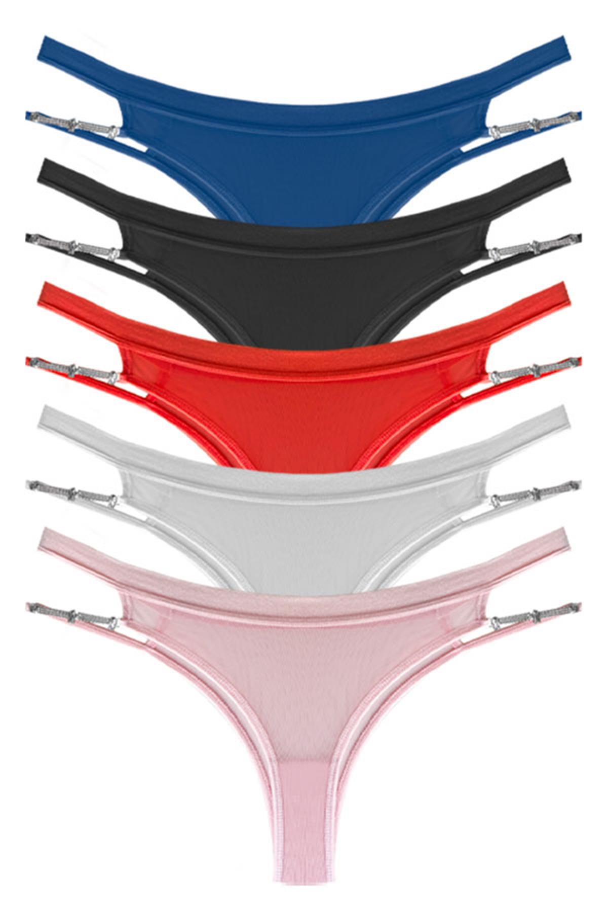 Tül Transparan Taş ve Zincir Detaylı Kadın Brezilya Külot 5li Paket