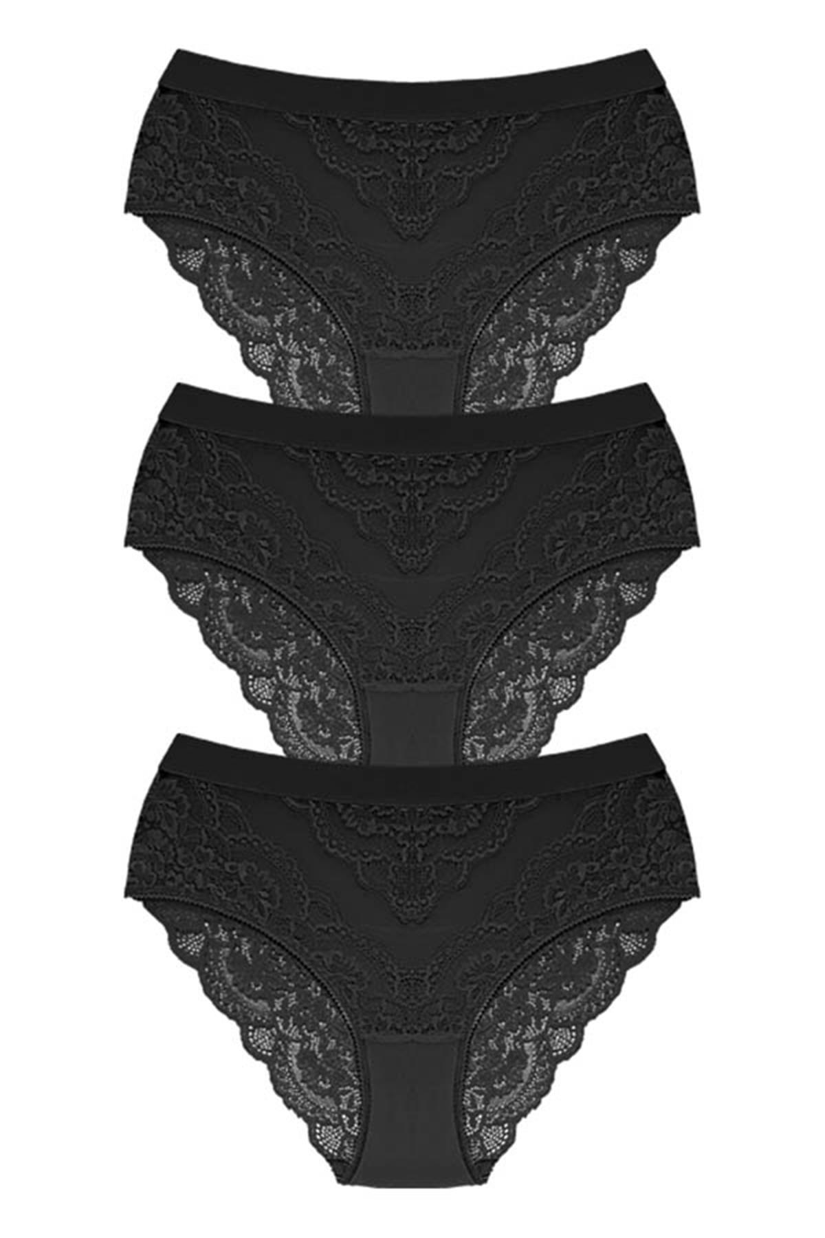 Dantelli Arkası Transparan Büyük Beden Bikini Külot 3lü Paket-3