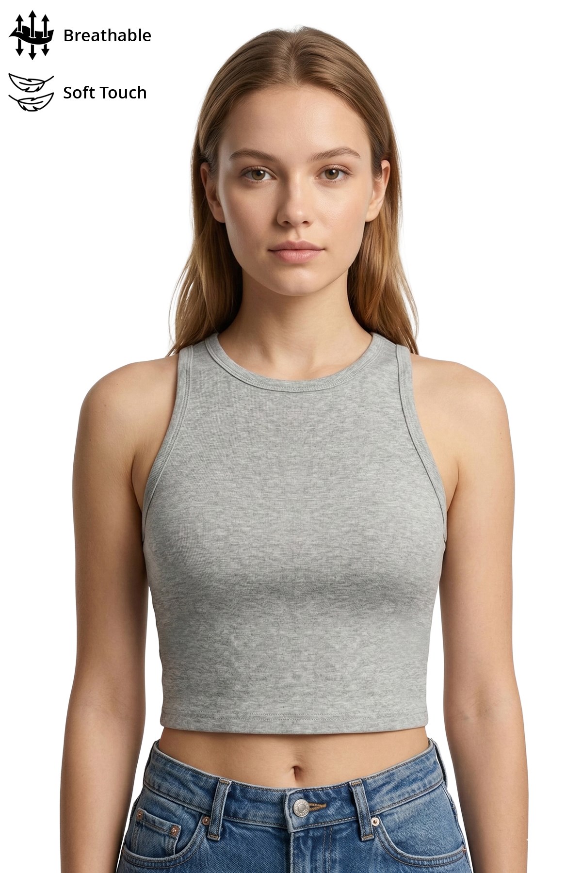 Gri Melanj Viskon Bisiklet Yaka Kolsuz Kadın Crop Atlet