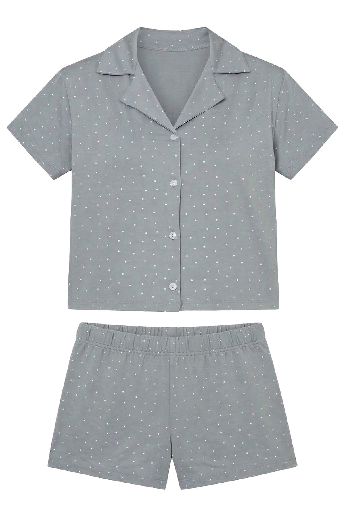 Gri Puantiyeli Yumuşak Dokulu Gömlek Yaka Kadın Şortlu Pijama Takımı