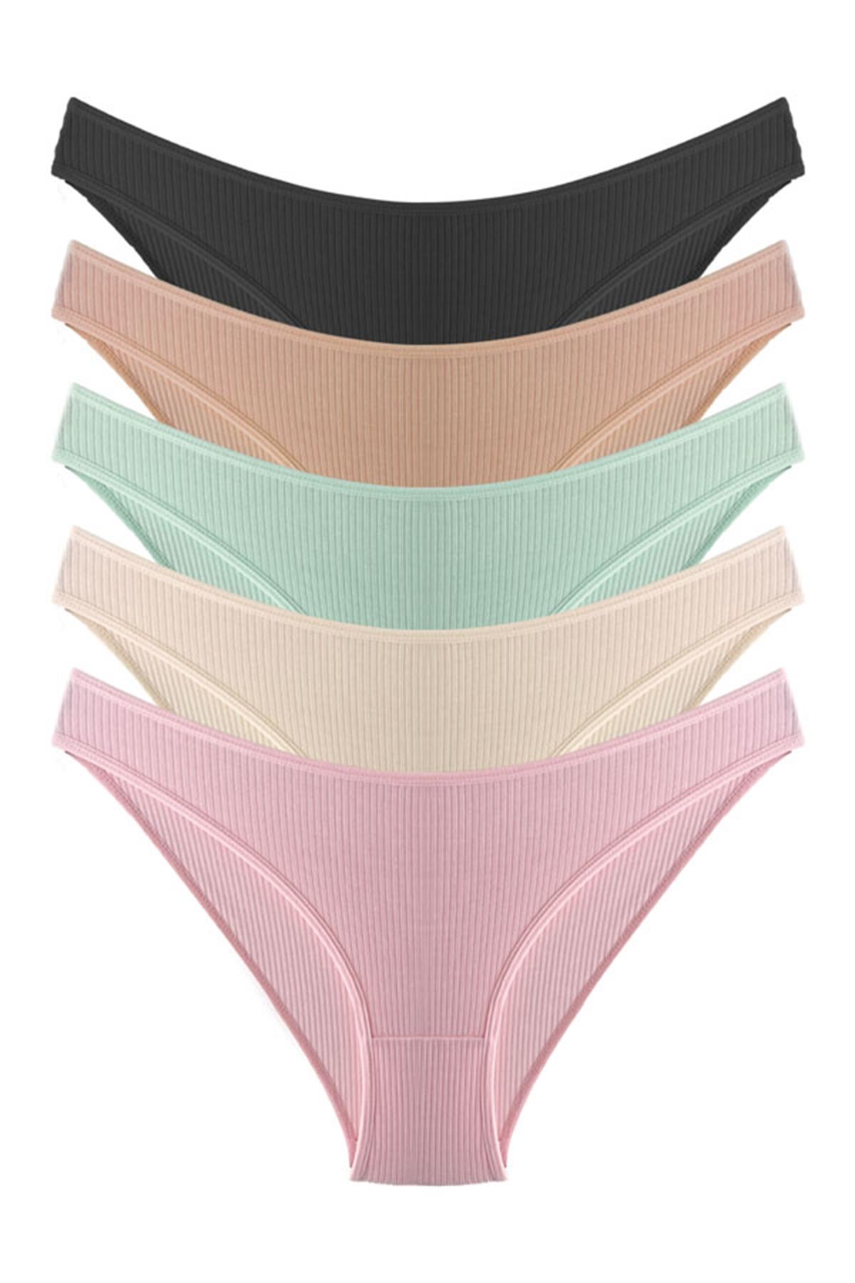 Kadın Pamuklu ve Likralı Fitilli Kaşkorse Bikini Külot 5li Paket