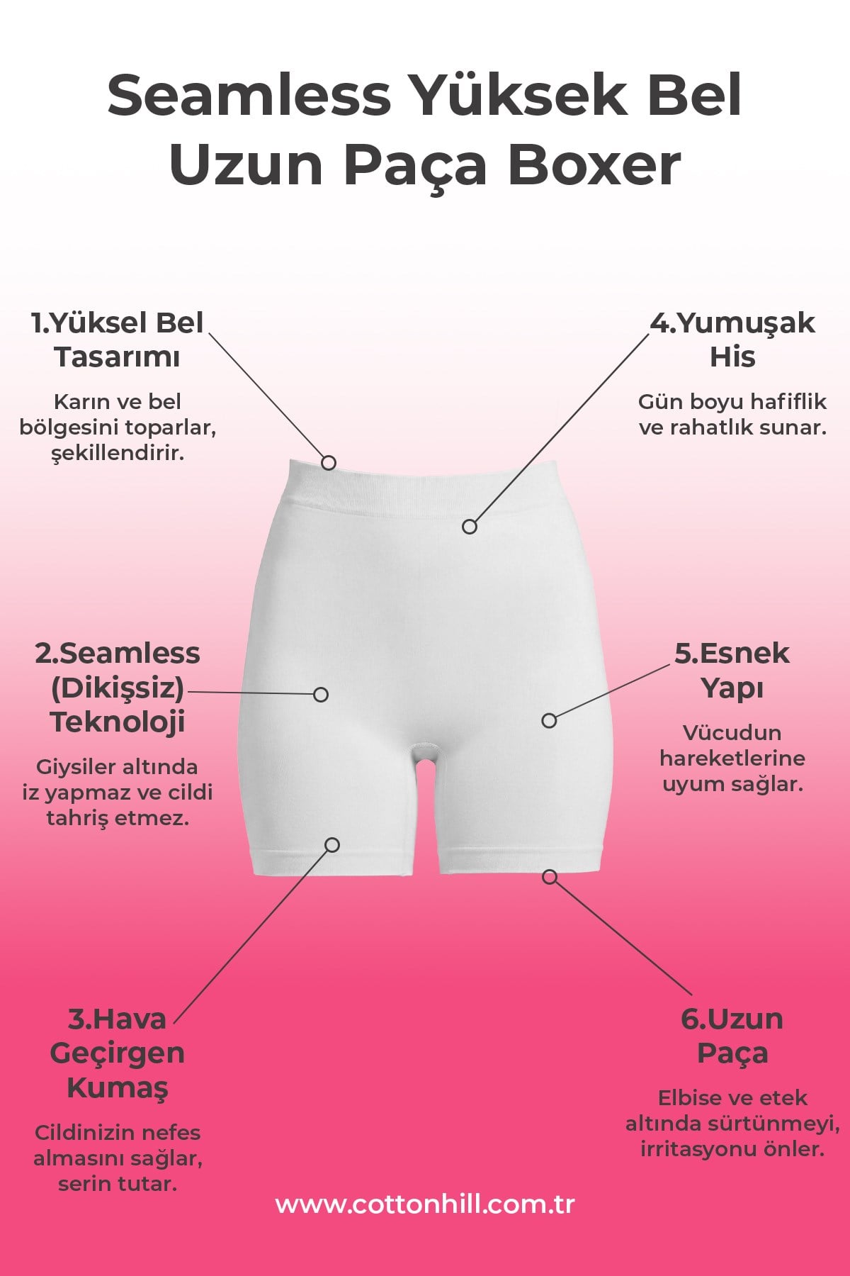 Cottonhill Premium - Kadın Beyaz Ultra-Rahat Seamless Yüksek Bel Uzun Paça Boxer