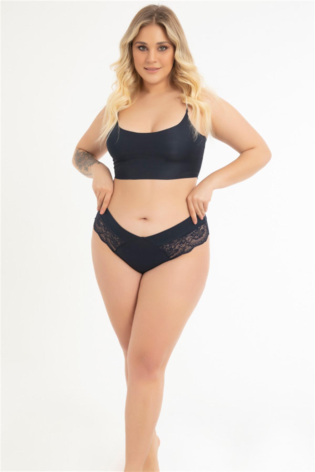 Dantel ve Lastik Detaylı Büyük Beden Kadın Tanga Külot 3lü Paket