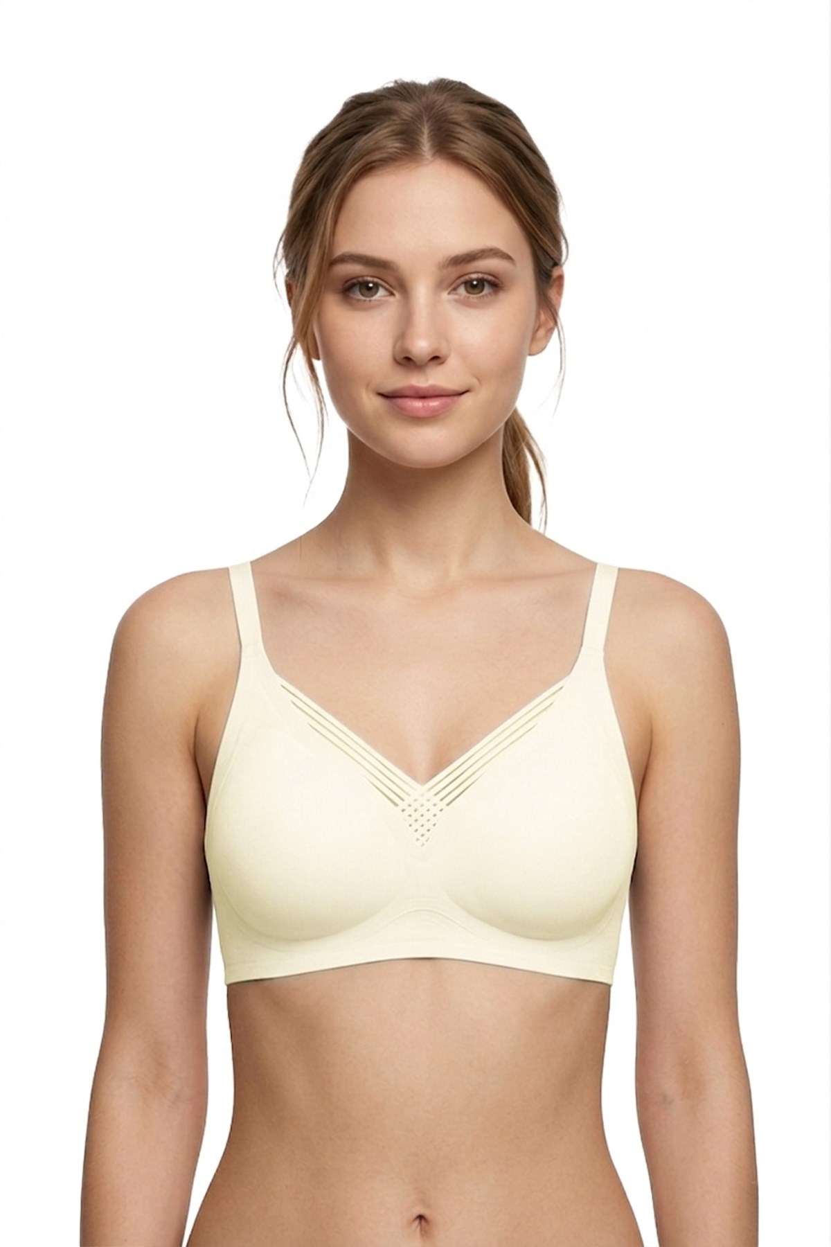 Seamless Bra - Lucent | Krem Lazer Kesim Balensiz Ön Çapraz Şerit Detaylı Kadın Sütyen