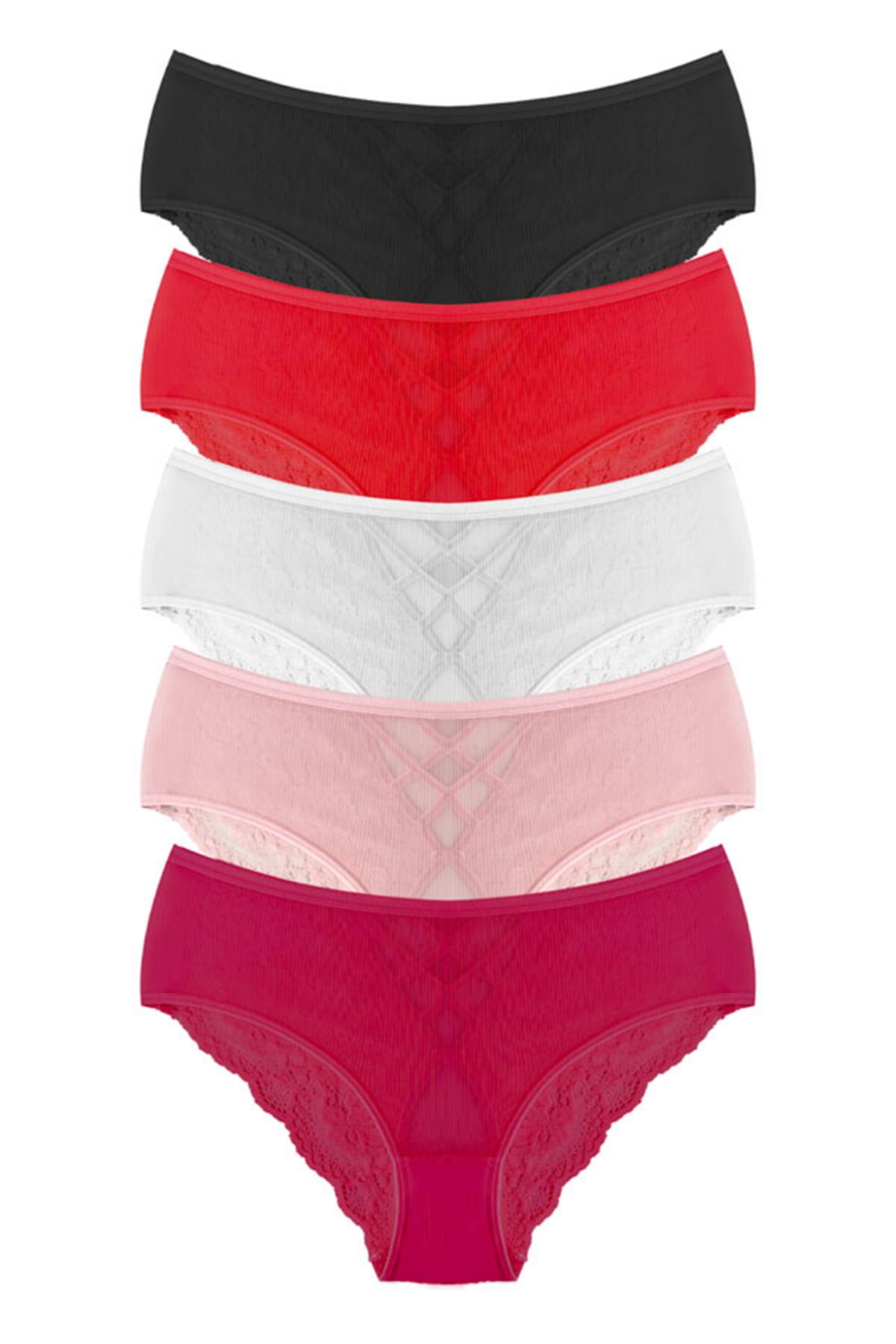 Transparan Tüllü Dantel ve Taş Detaylı Özel Bölgesi Açık Büyük Beden Kadın Tanga Külot 5li Paket