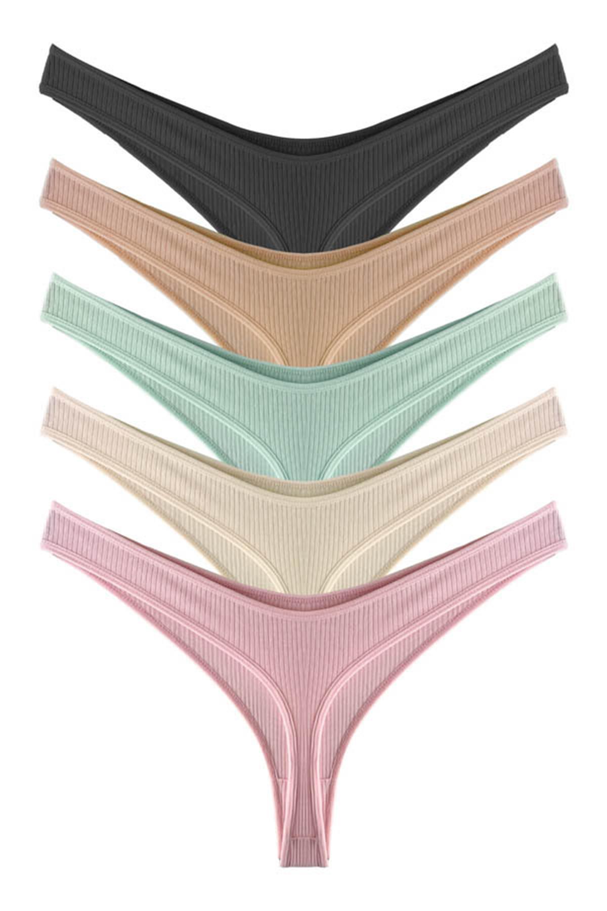 Kadın Pamuklu ve Likrali Fitilli Kaşkorse Tanga Külot 5li Paket