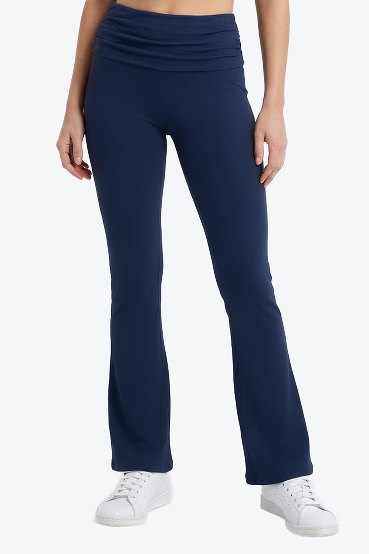 Lacivert Viskon Yüksek Bel Kemer Detaylı İspanyol Paça Kadın Pantolon Flared