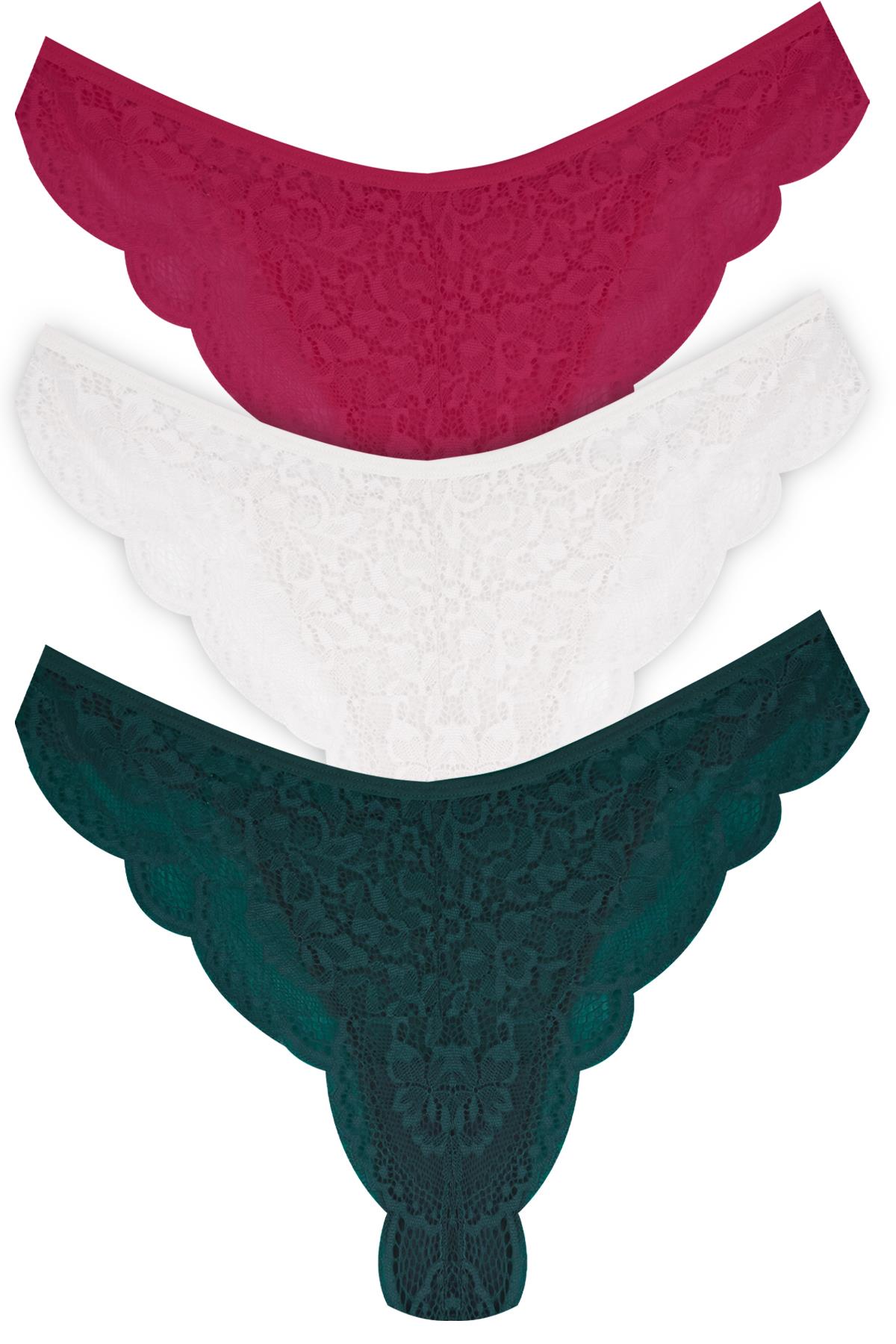 Dantelli ve Halka Detaylı Kadın Brezilya Külot 3lü Paket