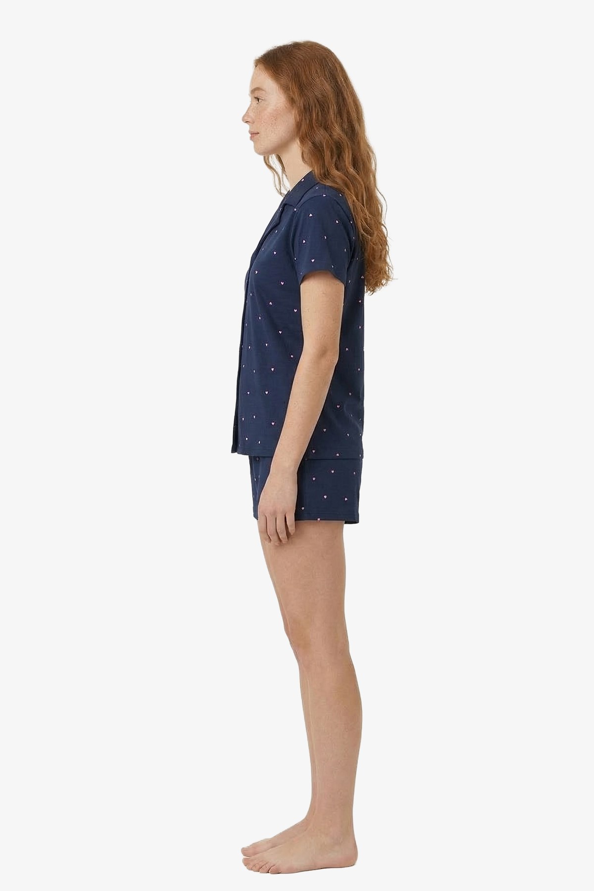 Lacivert Kalp Desenli Yumuşak Dokulu Gömlek Yaka Kadın Şortlu Pijama Takımı