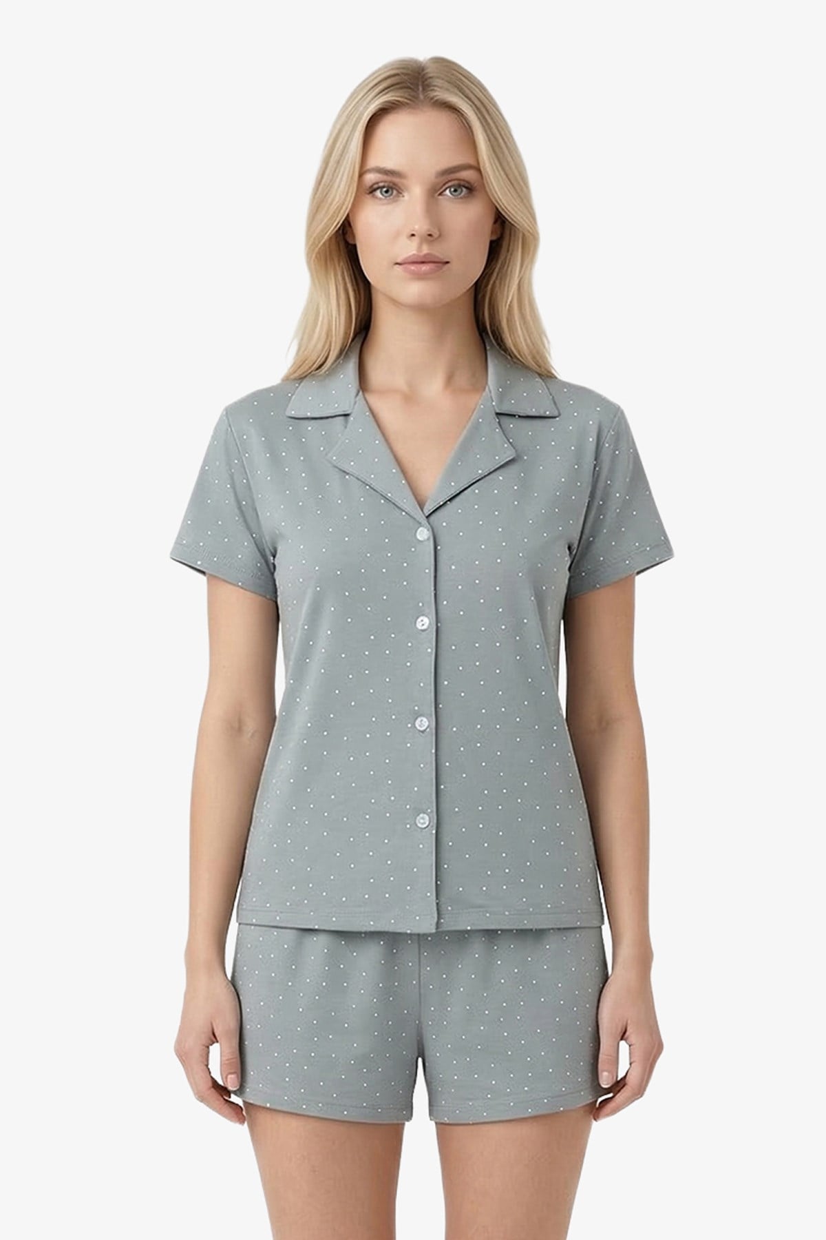 Gri Puantiyeli Yumuşak Dokulu Gömlek Yaka Kadın Şortlu Pijama Takımı