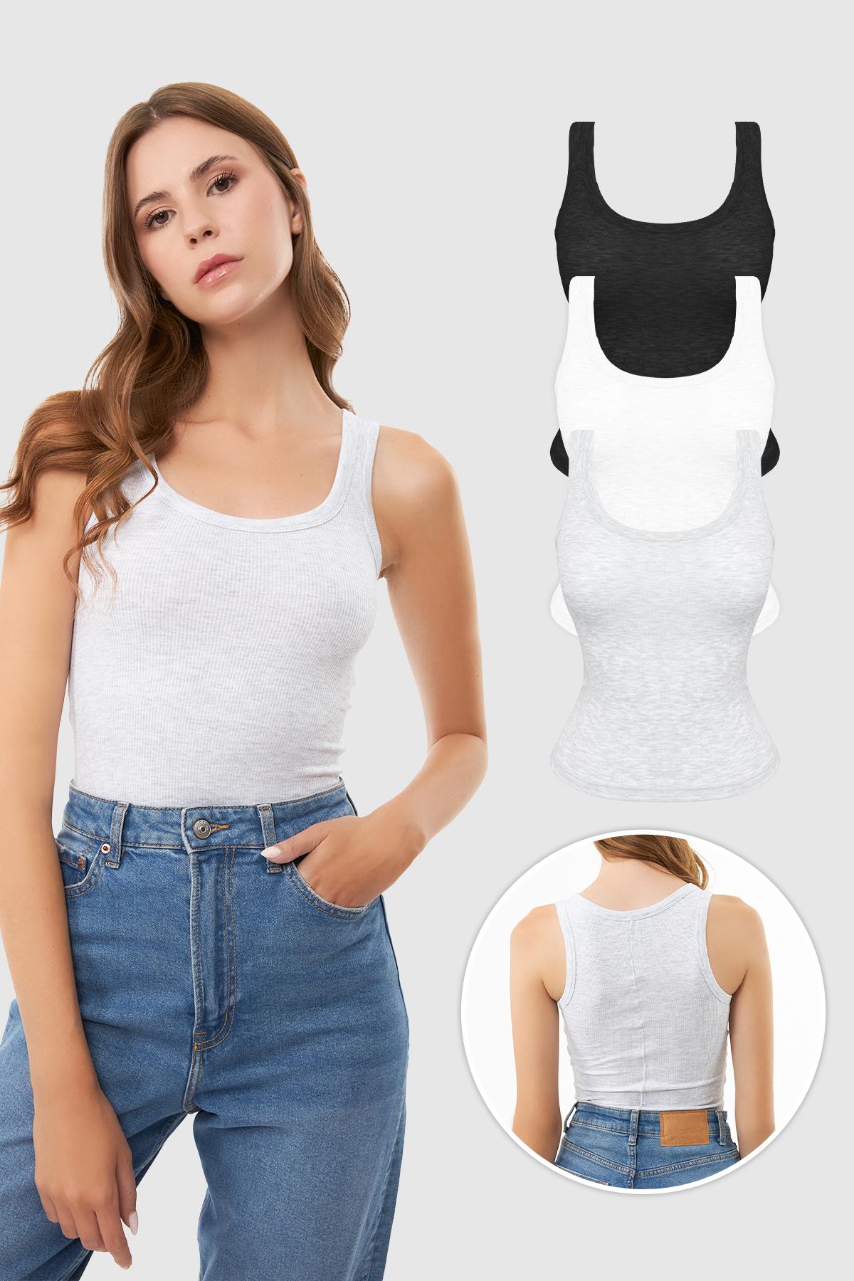 Pamuklu Kalın Askılı Fitilli Kadın Atlet 3lü Paket