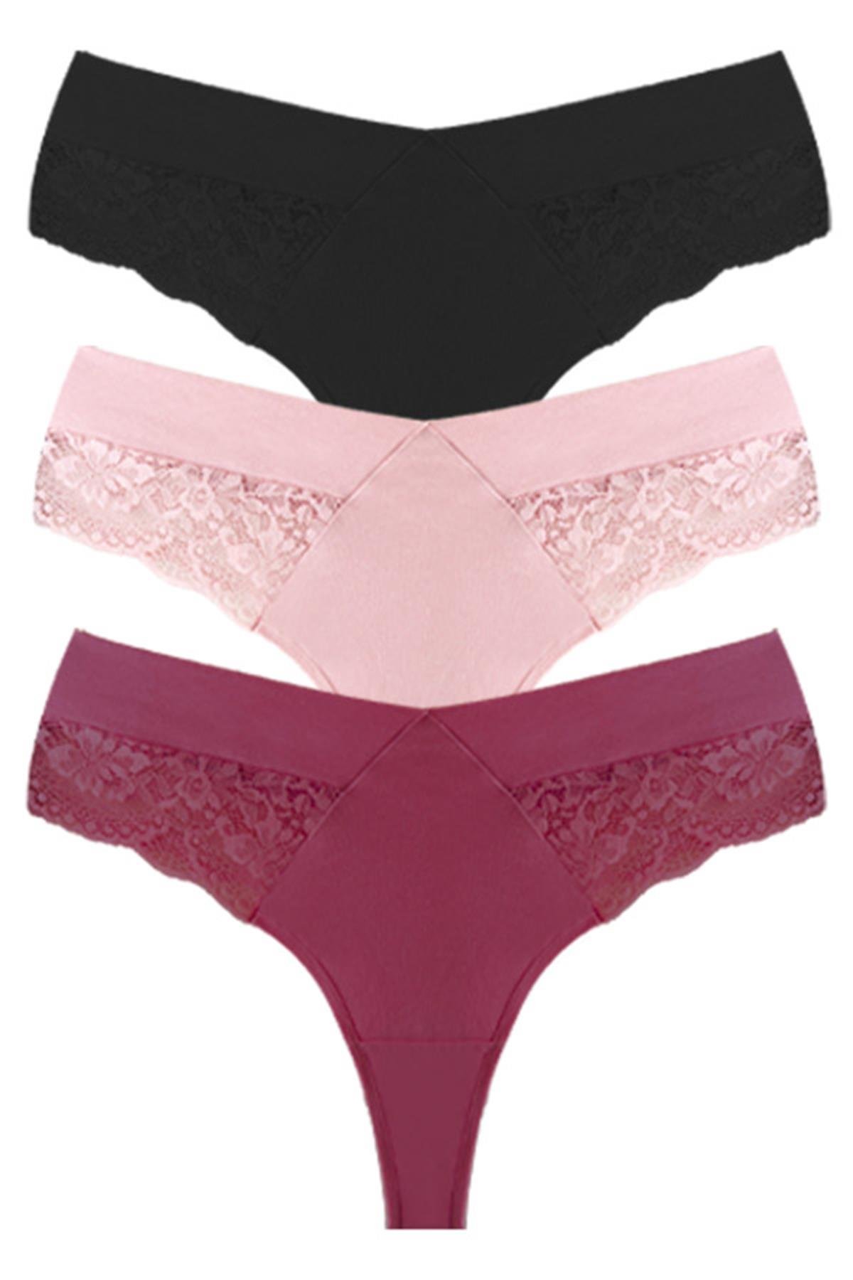 Dantel ve Lastik Detaylı Büyük Beden Kadın Tanga Külot 3lü Paket-2
