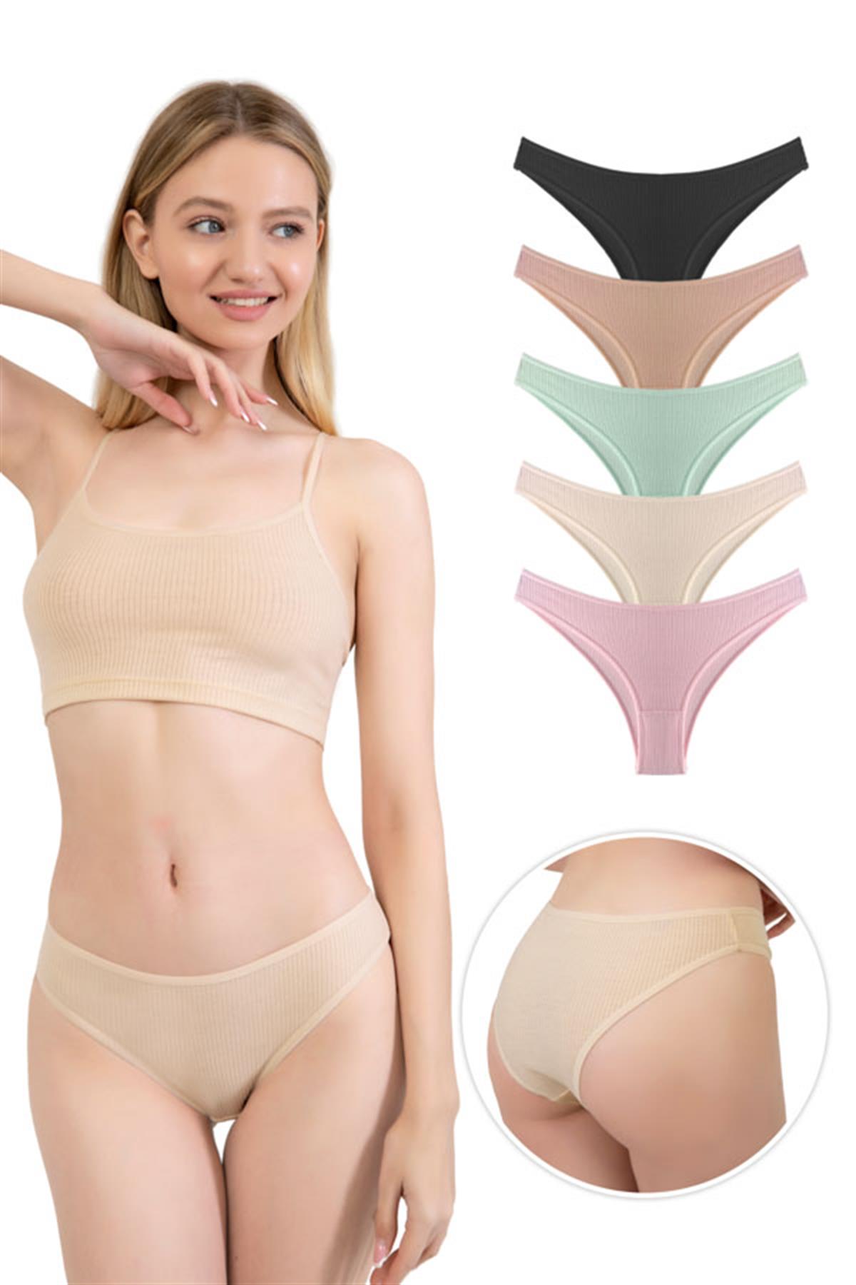 Kadın Pamuklu ve Likralı Fitilli Kaşkorse Brezilya Külot 5li Paket