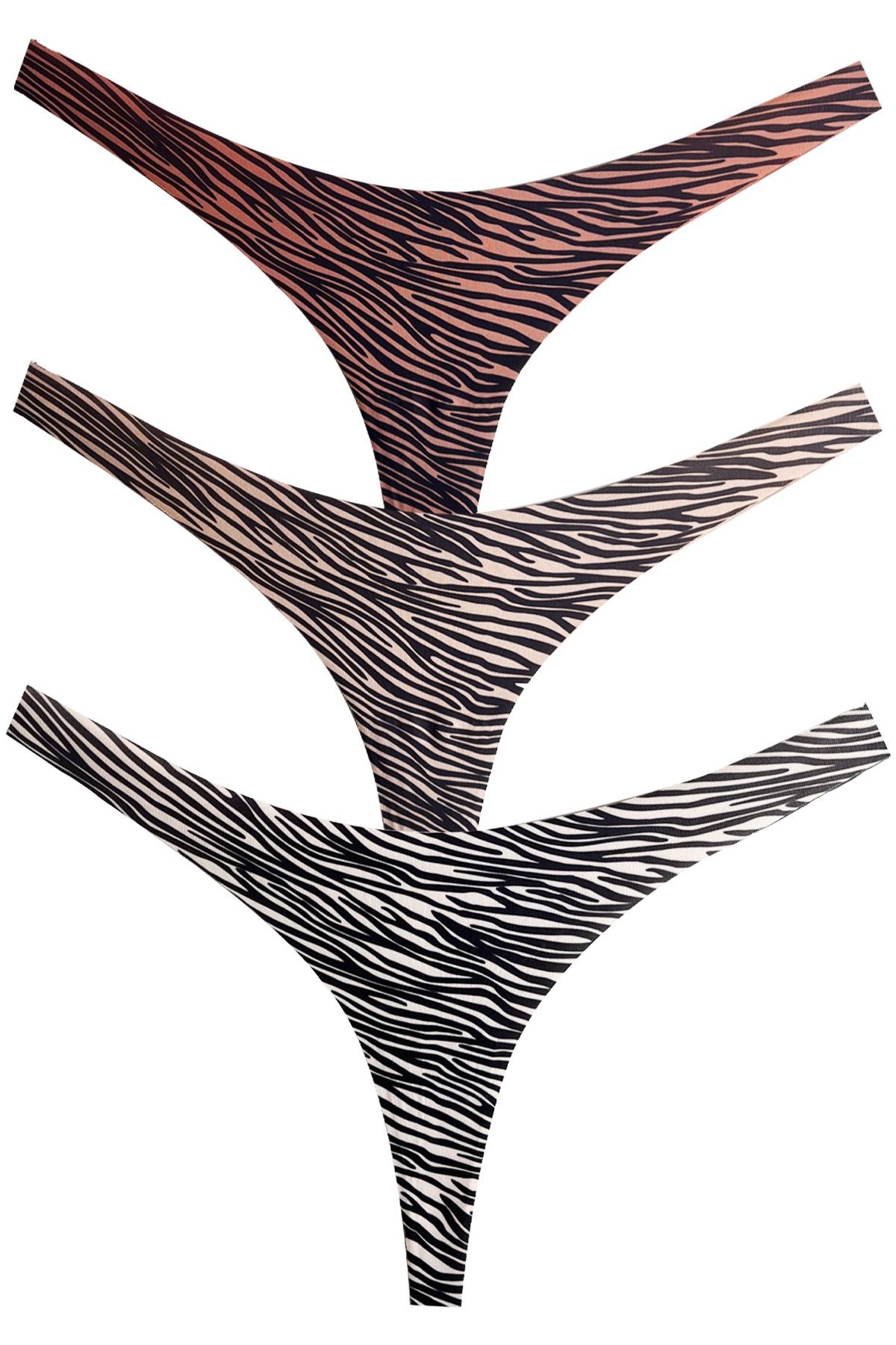 Basic Desenli Lazer Kesim Kadın Tanga Külot 3lü Paket-1