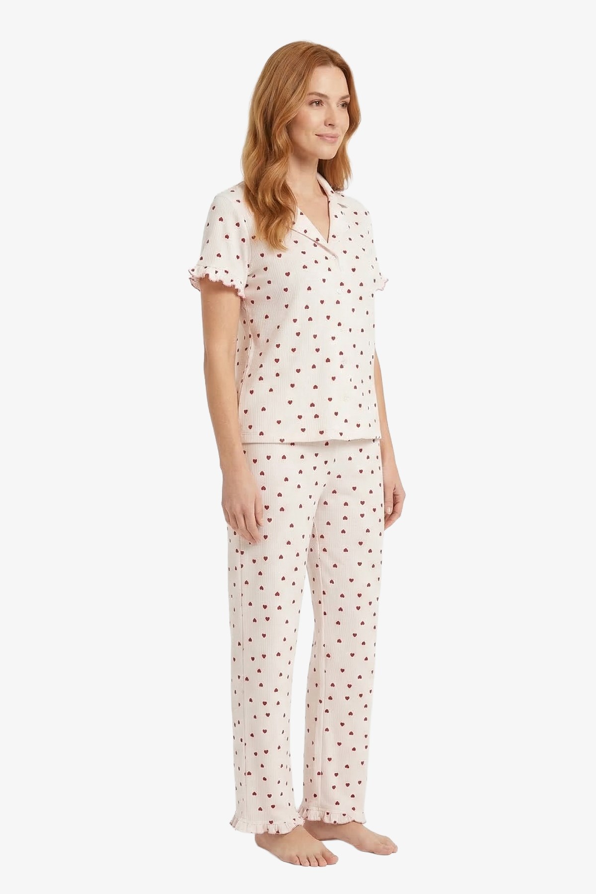 Krem Kalp Desenli Bürümcük Gömlek Yaka Kadın Pijama Takımı