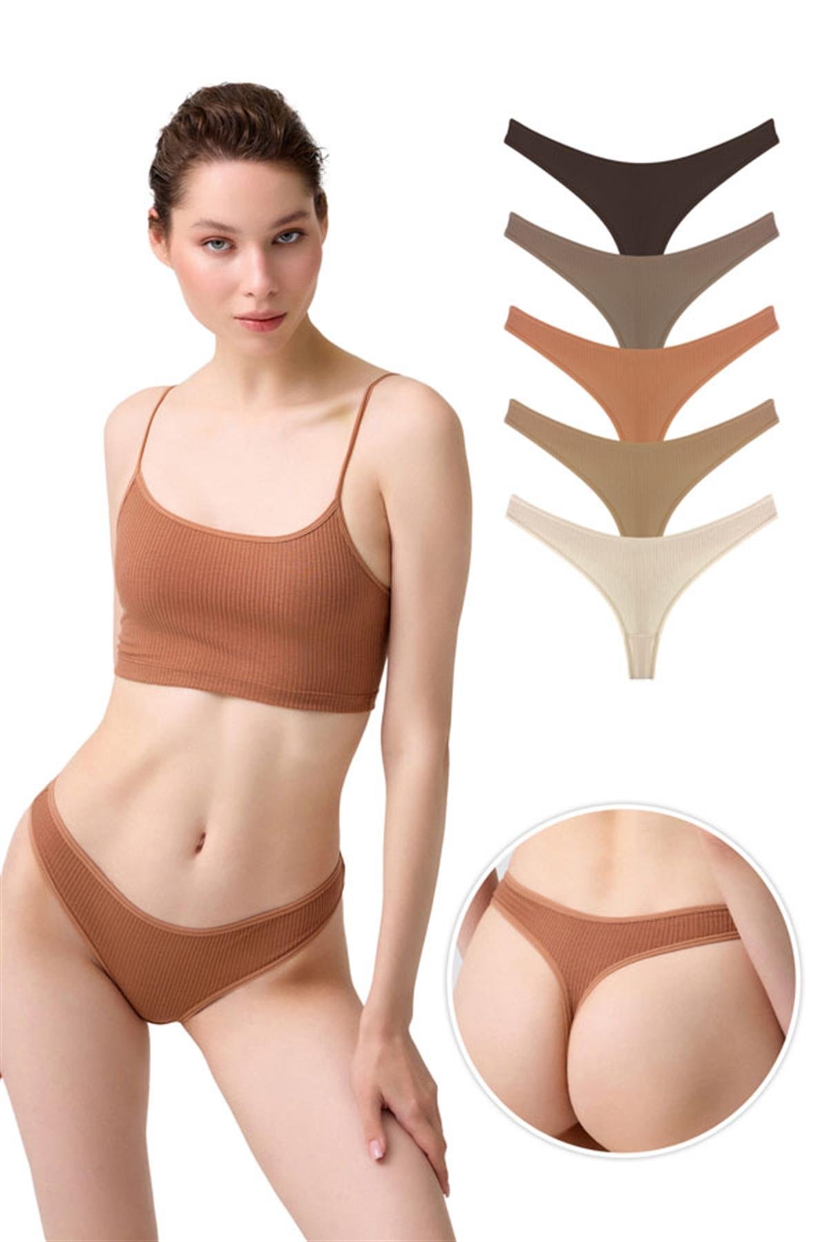 Kadın Pamuklu ve Likrali Fitilli Kaşkorse Tanga Külot 5li Paket-2