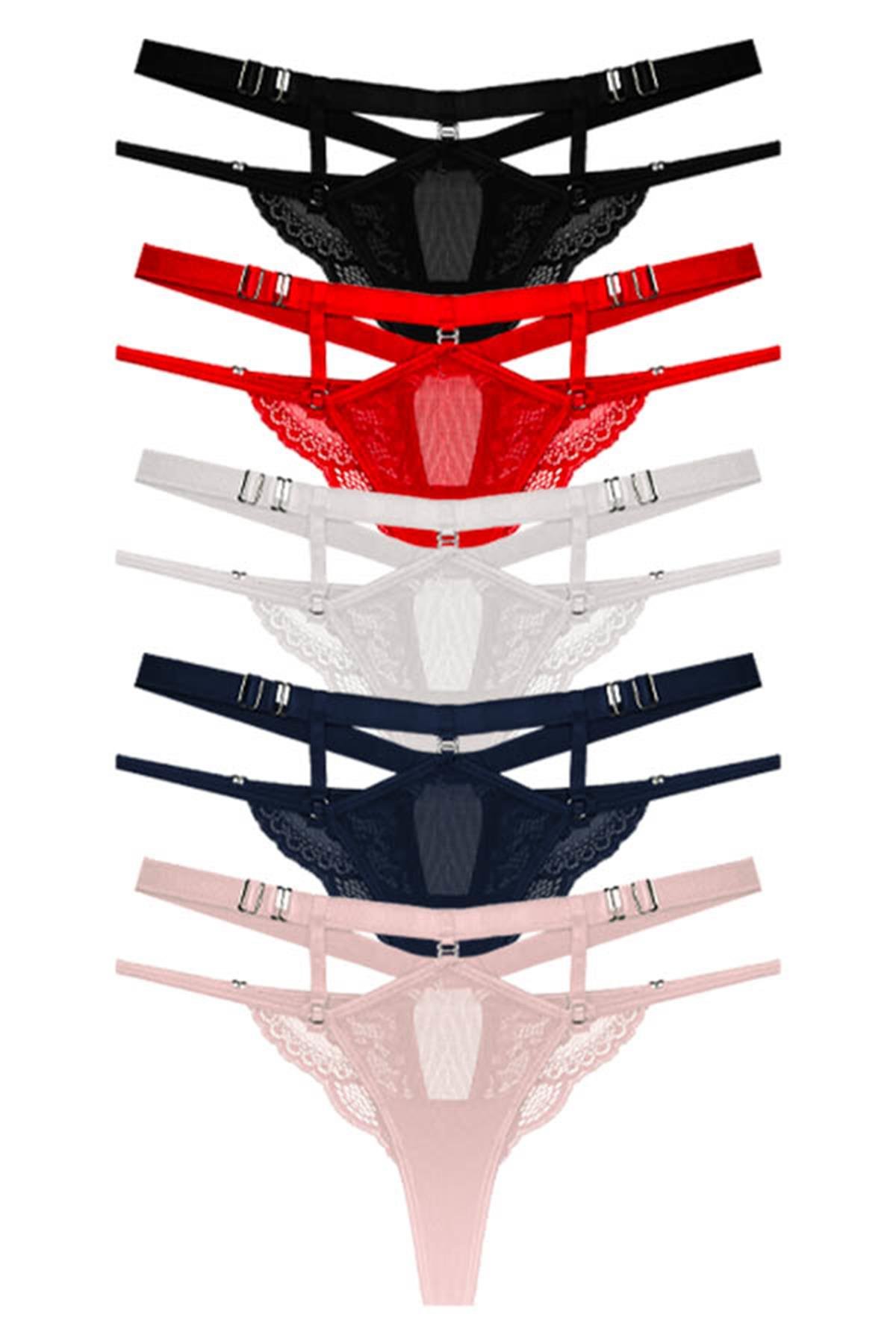 Önü Tül Arkası Dantel Detaylı Ayarlanabilir Lastikli Kadın Tanga Külot 5li Paket