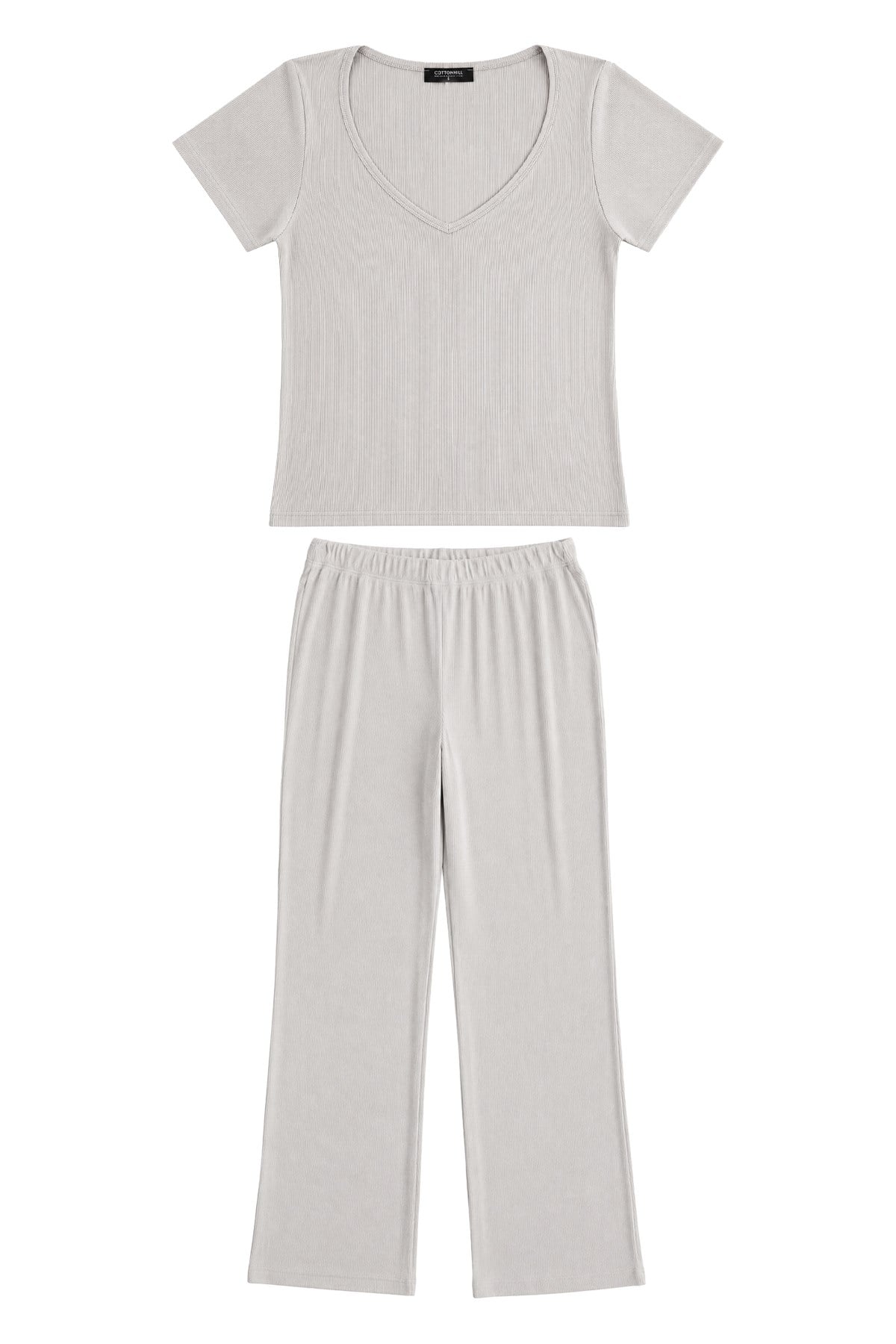 Premium - Neat Collection | Gri Rib Dokulu V Yaka Modal Viskon Bol Paça Kadın Pijama Takımı