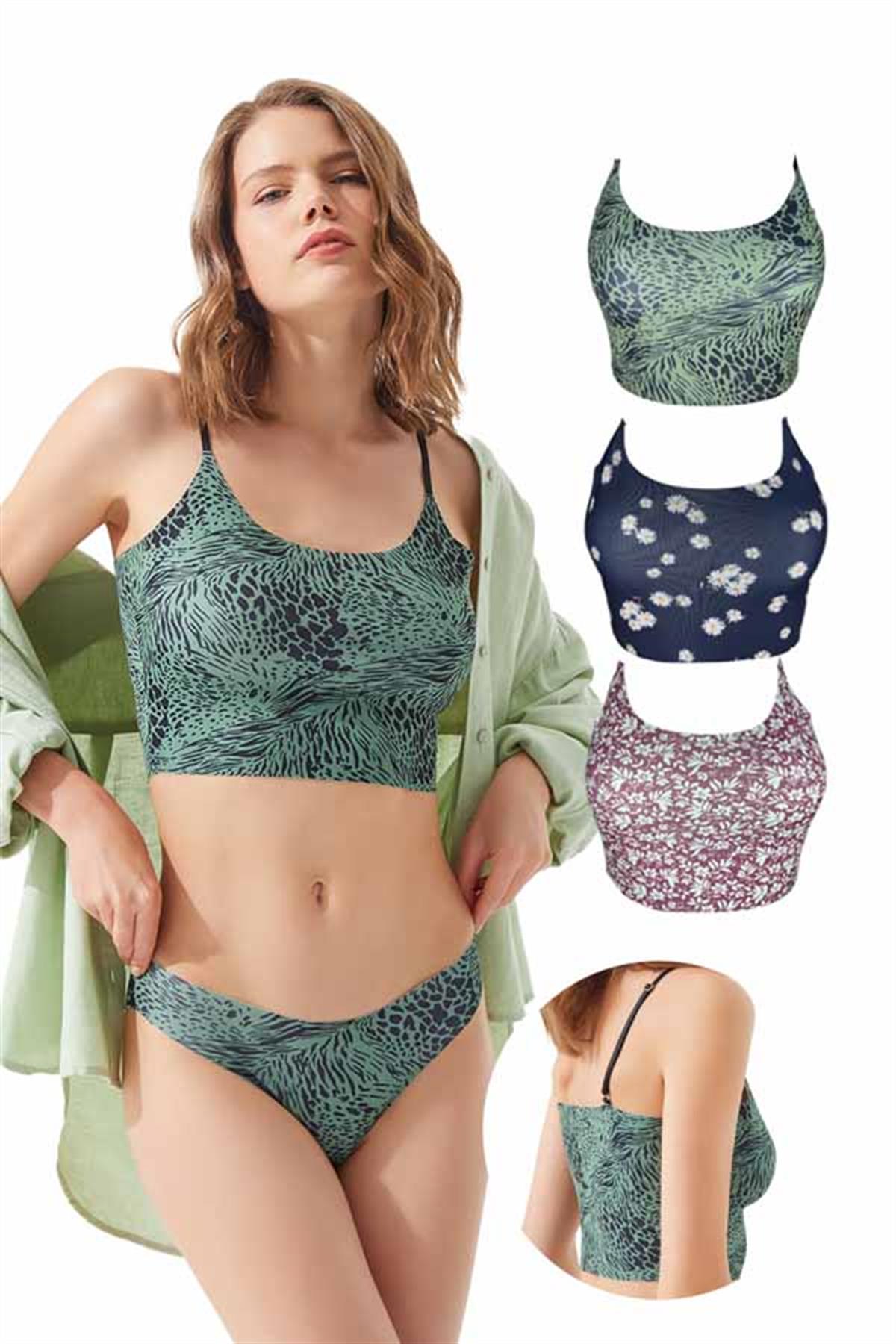 Ayarlanabilir Askılı Lazer Kesim Desenli Crop Büstiyer 3lü Paket - 2