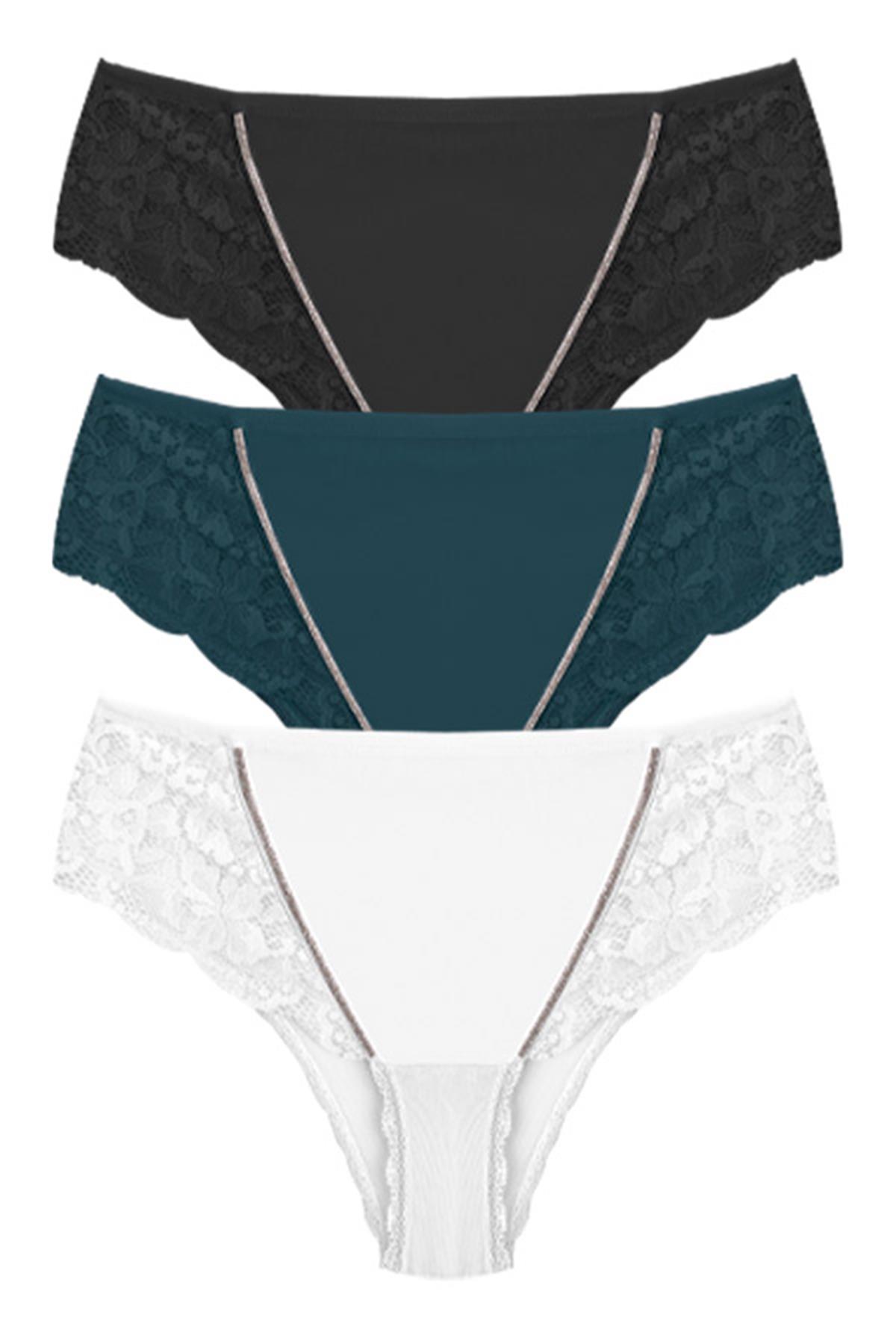 Transparan Tüllü Dantel Detaylı Büyük Beden Kadın Bikini Külot 3lü Paket-2