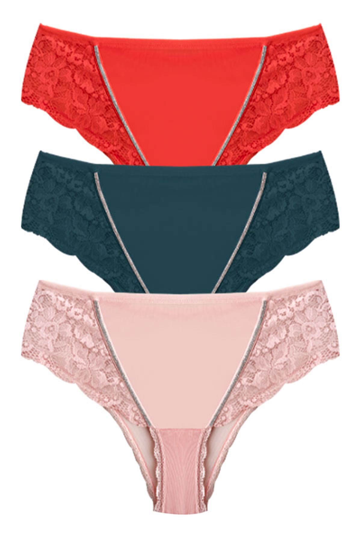 Transparan Tüllü Dantel Detaylı Büyük Beden Kadın Bikini Külot 3lü Paket