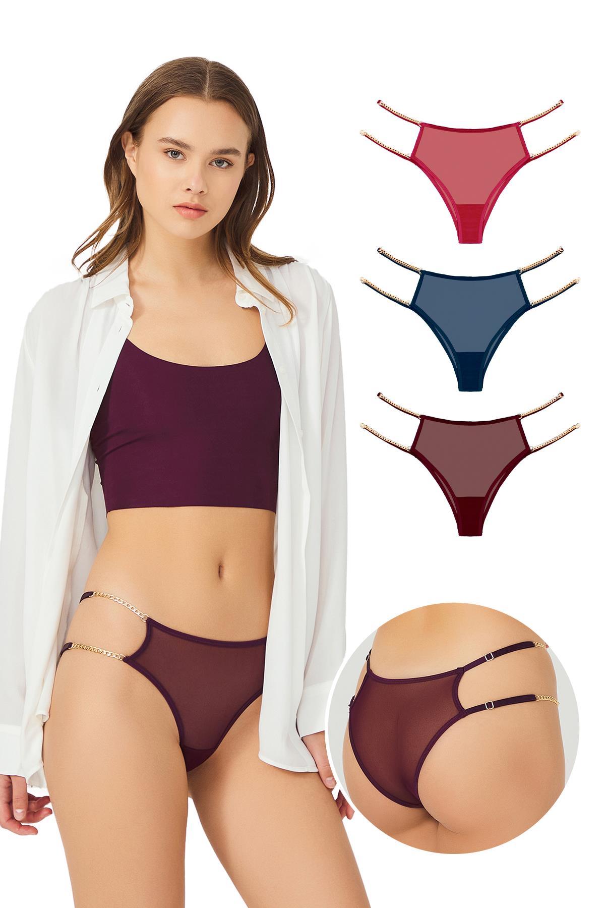 Tüllü Ayarlanabilir Lastikli Kadın Brezilya Külot 3lü Paket-3
