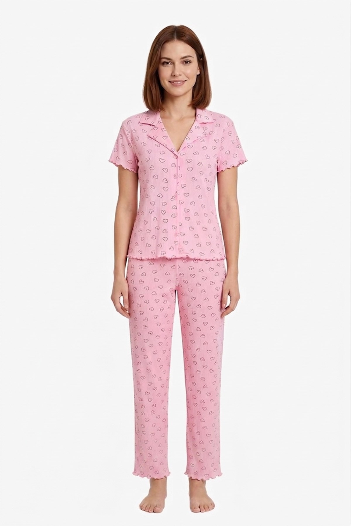 Pudra Kalp Desenli Pointel Gömlek Yaka Kadın Pijama Takımı