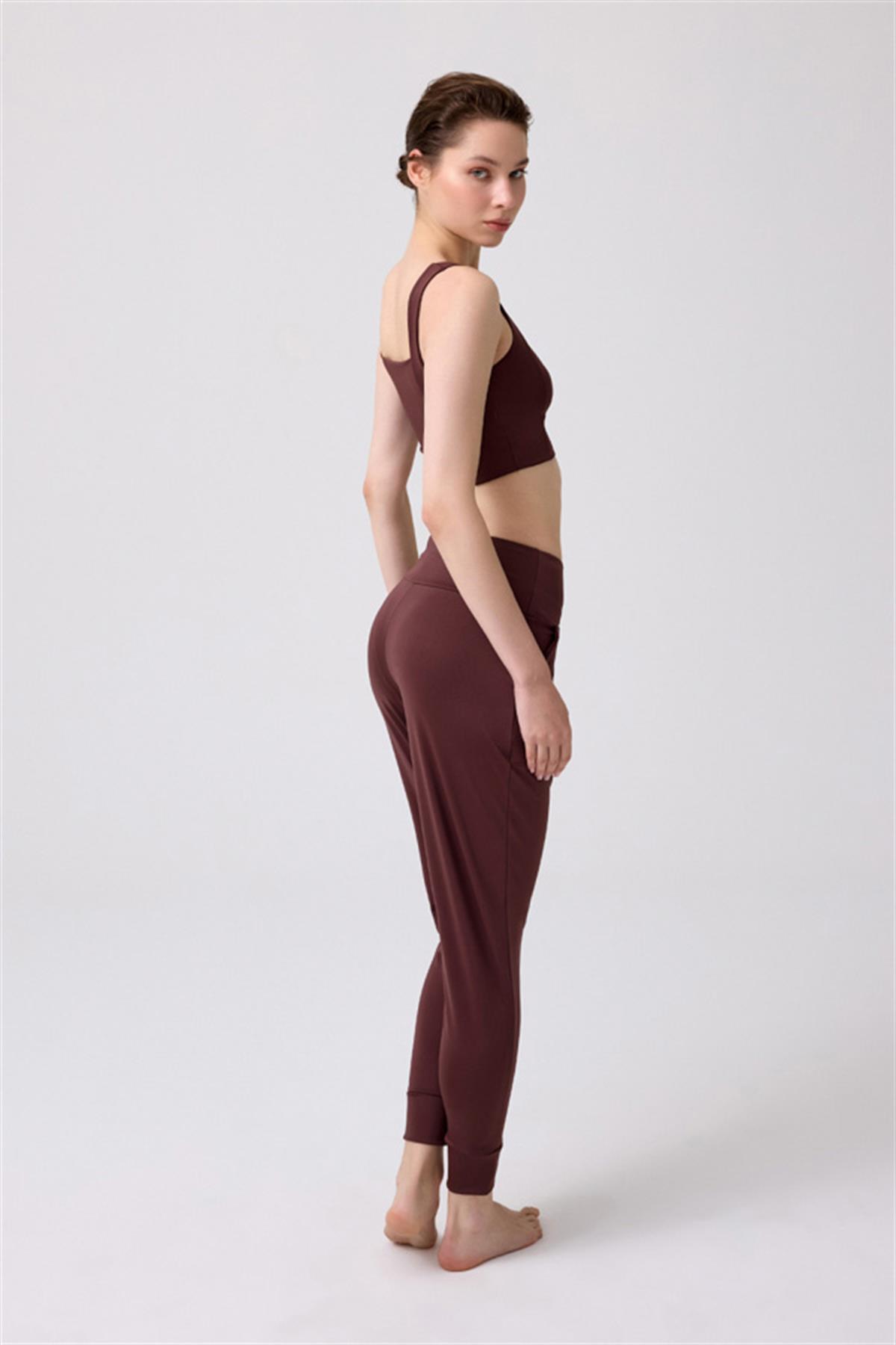 Kahverengi Yüksek Bel Çift Cepli Kadın Jogger Eşofman Altı