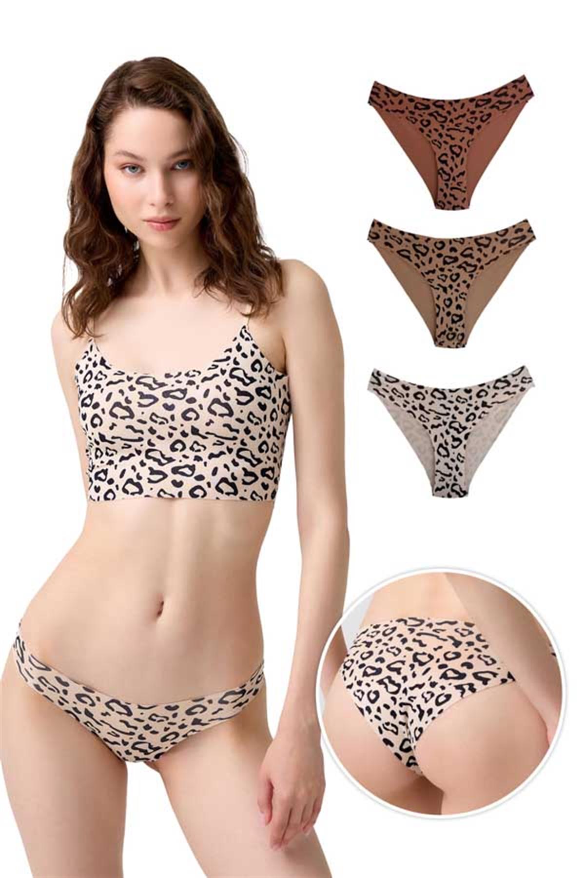 Basic Desenli Lazer Kesim Kadın Bikini Külot 3lü Paket-2