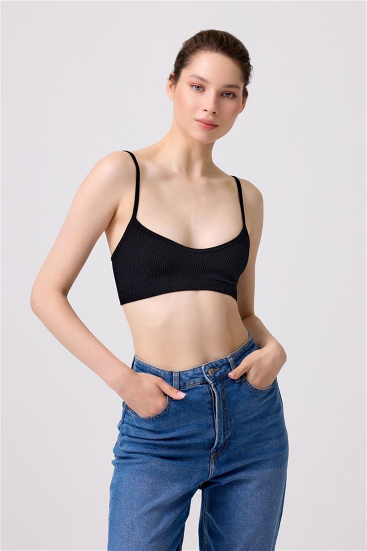 Cottonhill Premium - Kadın Siyah Seamless İp Askılı Crop Top Büstiyer