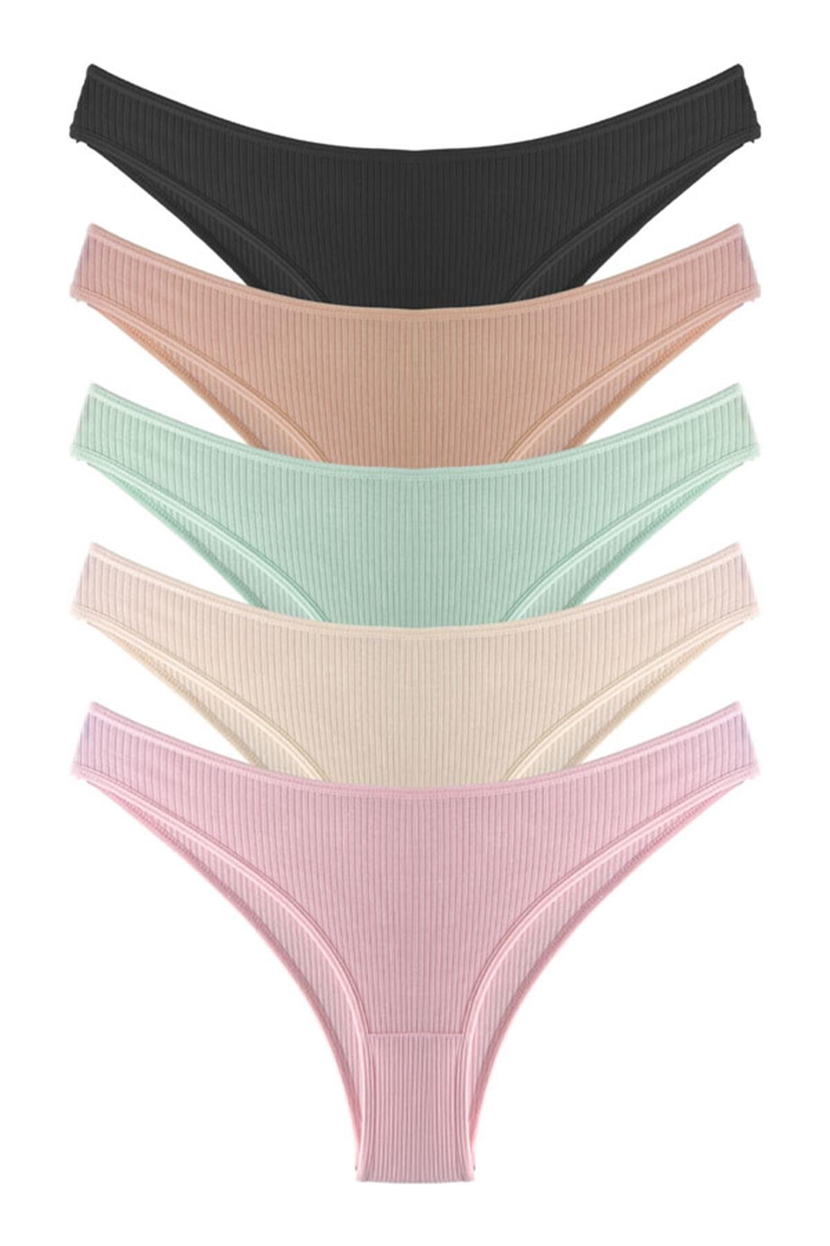 Kadın Pamuklu ve Likralı Fitilli Kaşkorse Brezilya Külot 5li Paket