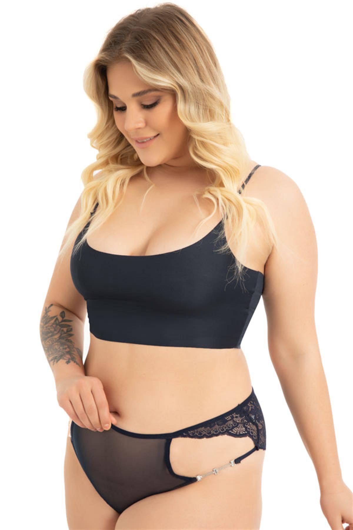 Transparan Tüllü Dantel ve Zincir Detaylı Büyük Beden Kadın Bikini Külot 3lü Paket-2