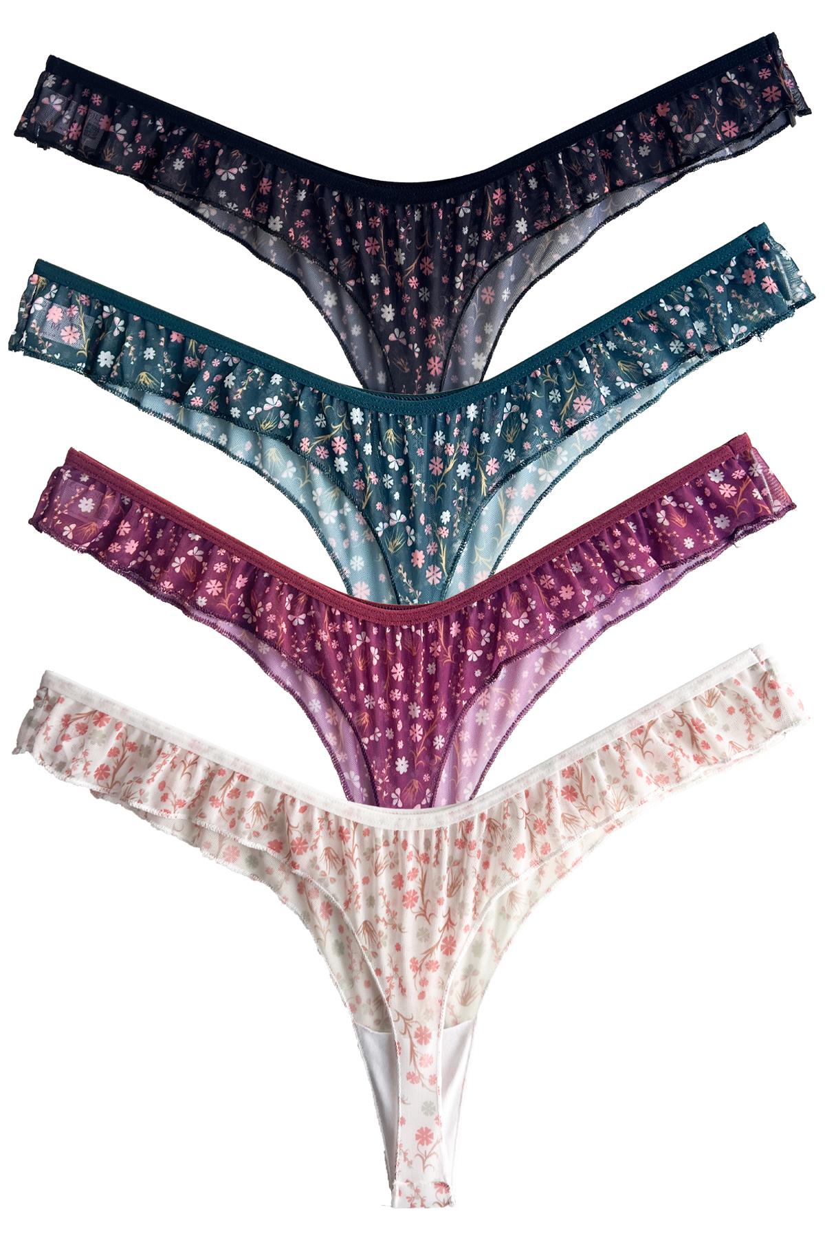 Çiçek Desenli Tül Kenarları Fırfırlı Tanga 4lü Paket Külot