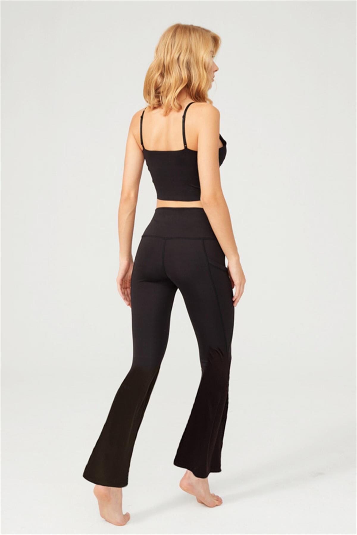 Siyah Yüksek Bel Çift Cepli İspanyol Paça Kadın Tayt