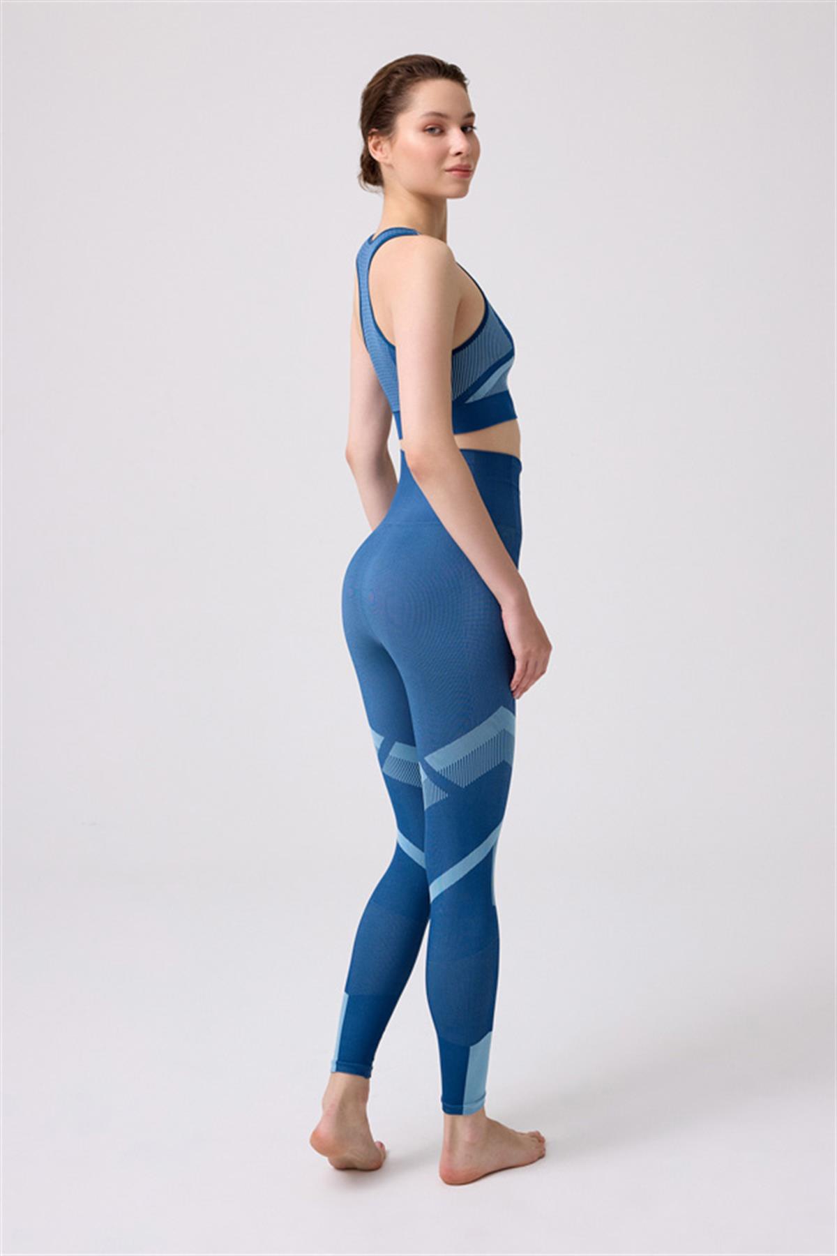 Seamless Mavi Takım Sporcu Yüksek Bel Tayt ve Kalın Askılı Balensiz Crop Top Büstiyer