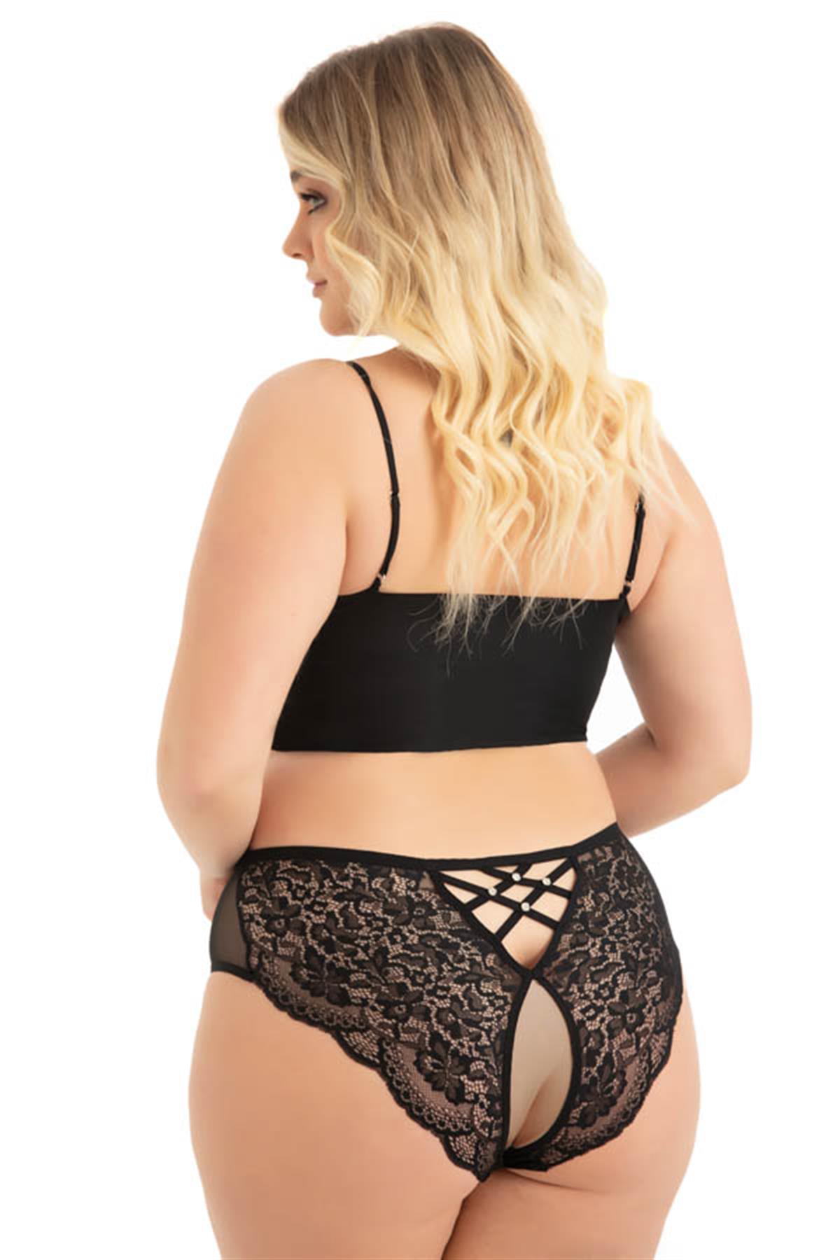 Transparan Tüllü Dantel ve Taş Detaylı Özel Bölgesi Açık Büyük Beden Kadın Tanga Külot 3lü Paket-2