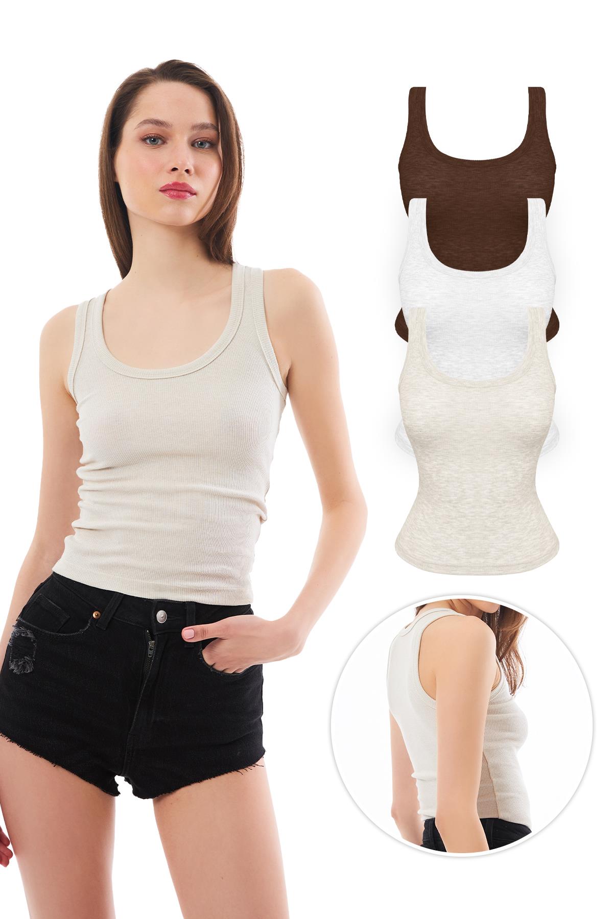 Pamuklu Kalın Askılı Fitilli Kadın Atlet 3lü Paket