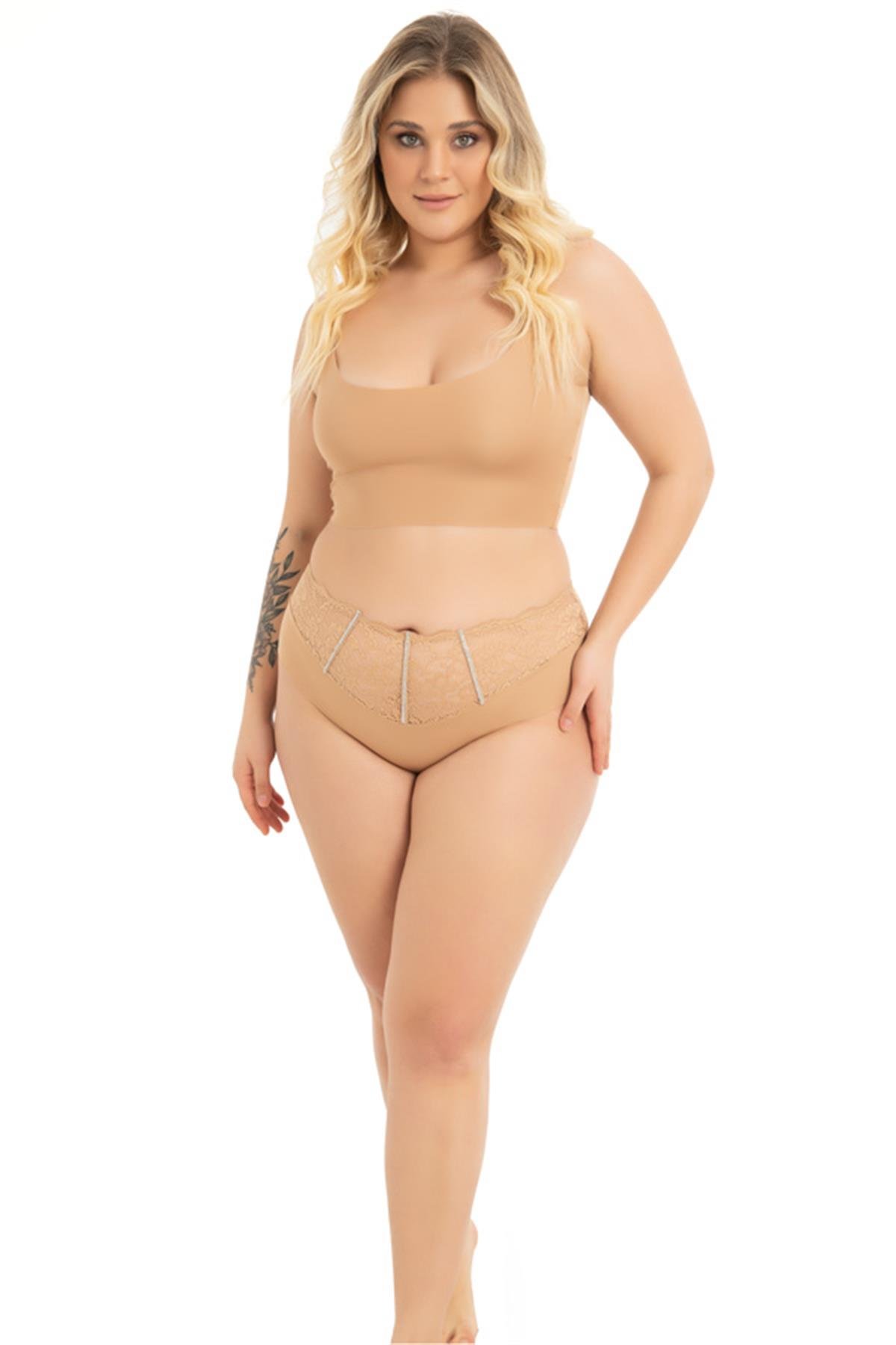 Dantel ve Taş Detaylı Lazer Kesim Büyük Beden Kadın Bikini Külot 3lü Paket-2